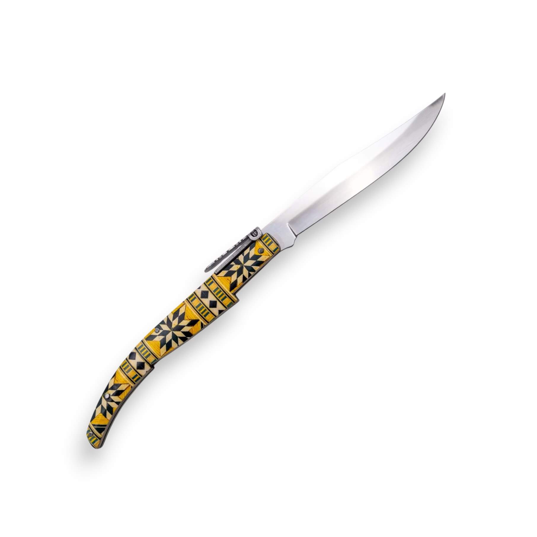 Couteau à cliquet en bois d'érable avec manche apprêté imitation marqueterie jaune et noire et lame de 13 cm
