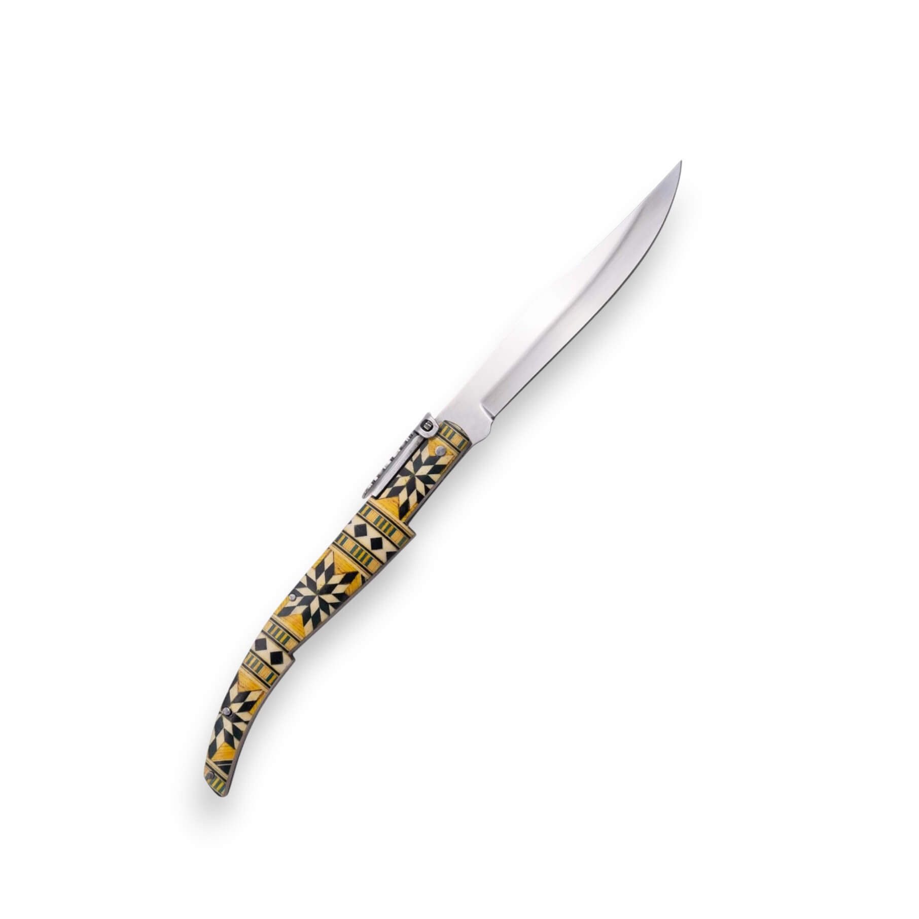 Couteau à cliquet en bois d'érable avec manche apprêté imitation marqueterie jaune et noire et lame de 11 cm