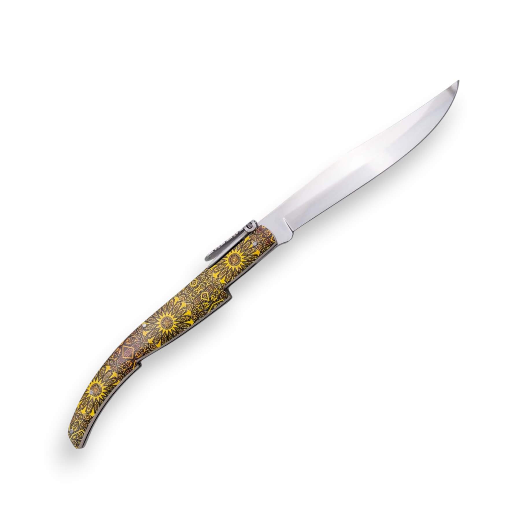 Couteau de poche à cliquet en bois d'érable avec manche apprêté imitation marqueterie jaune et orange et lame de 15 cm
