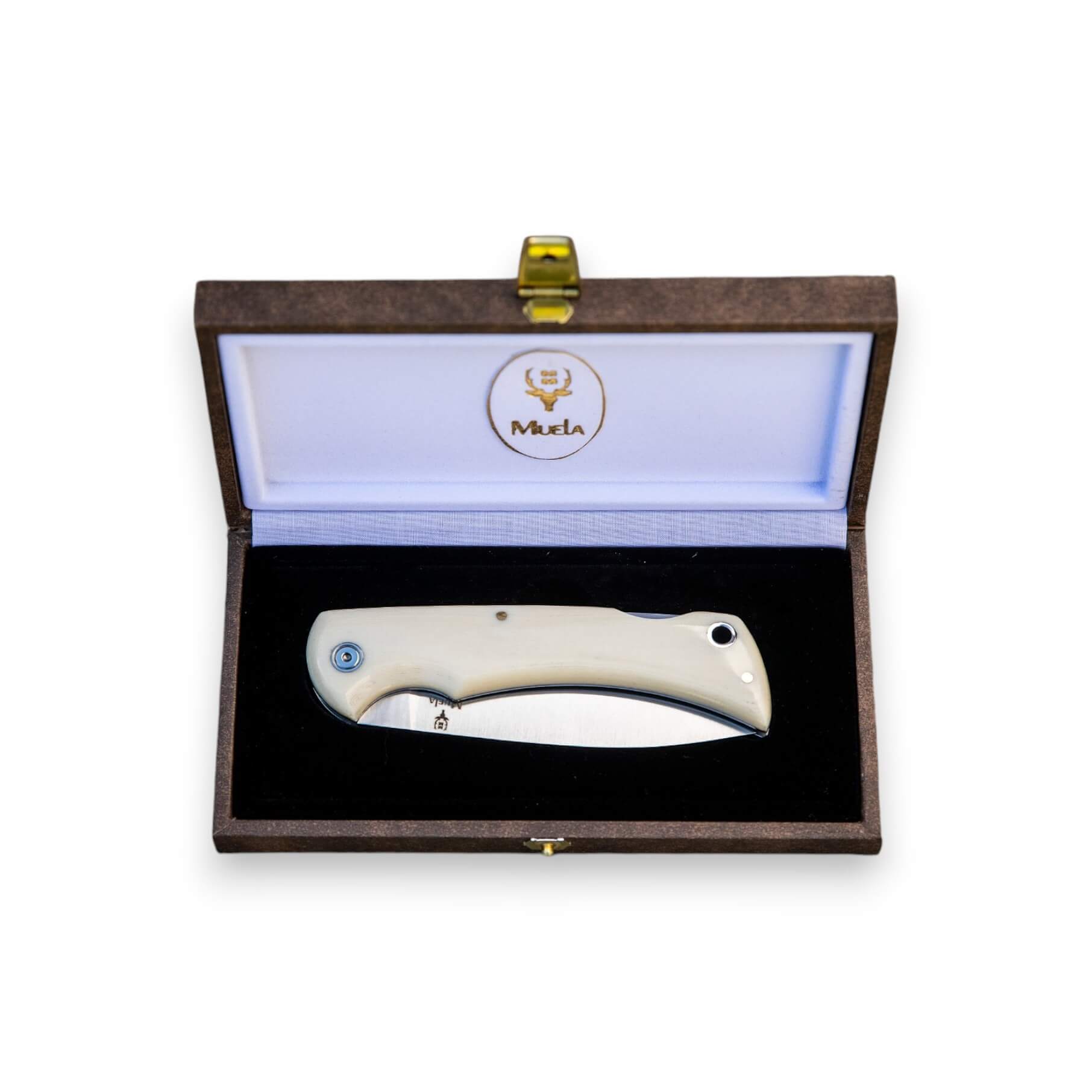 Muela BX-9 Taschenmesser mit weißem Micarta-Griff und 9 cm langer Drop-Point-Klinge mit hinterer Verriegelung