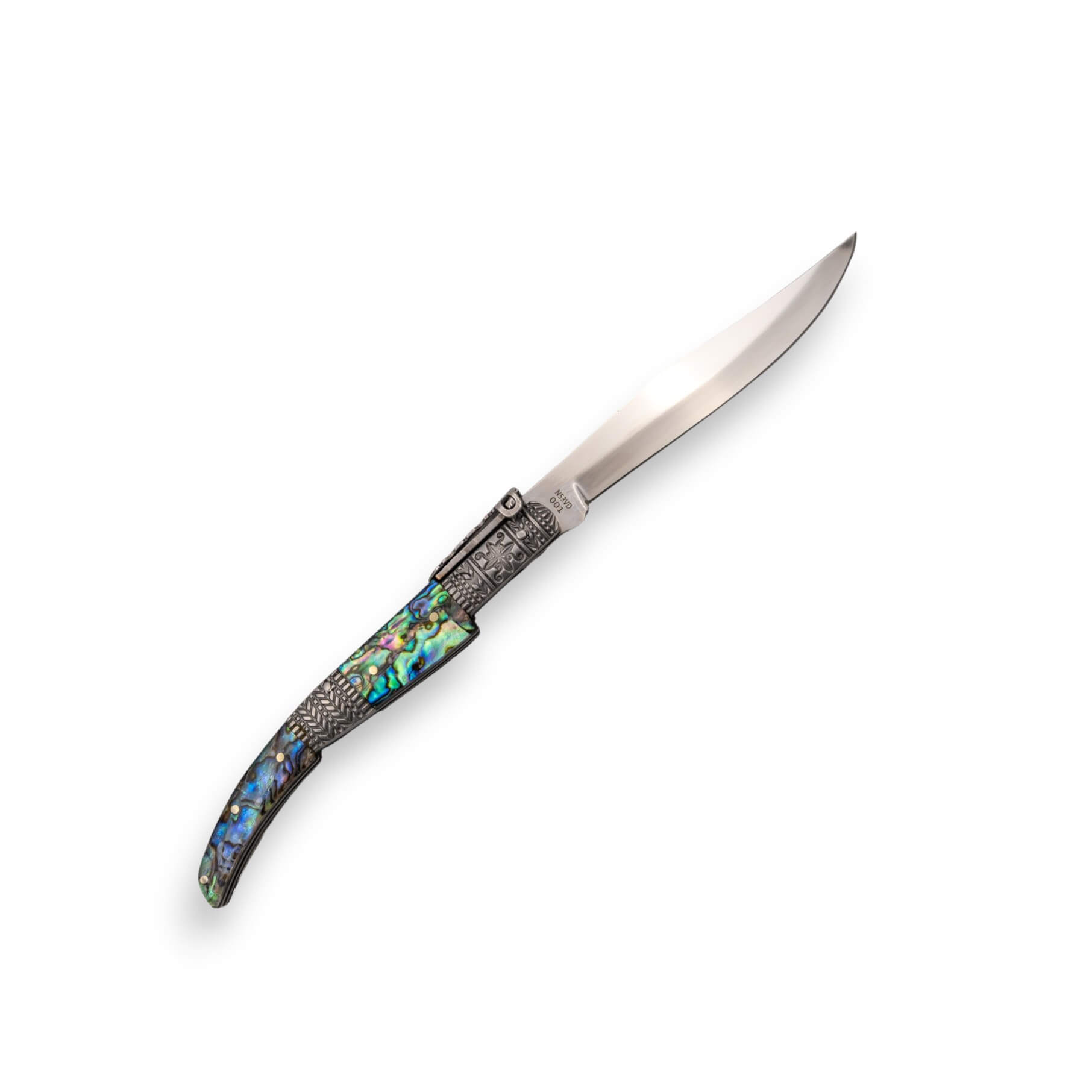 Avalon Silk Ratschenmesser mit verziertem Griffstück, Einlagen aus Acryl und Abalone sowie einer 11 cm langen Klinge