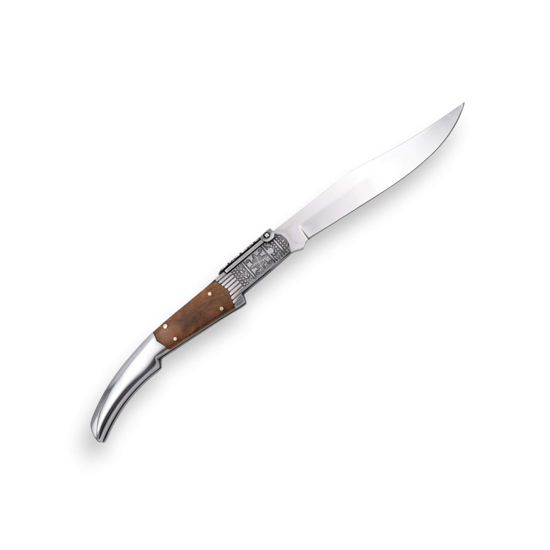 Ratschenmesser aus bernsteinfarbenem Seidenstoff mit verziertem Griffstück, Olivenholzeinlagen und einer 13 cm langen Klinge