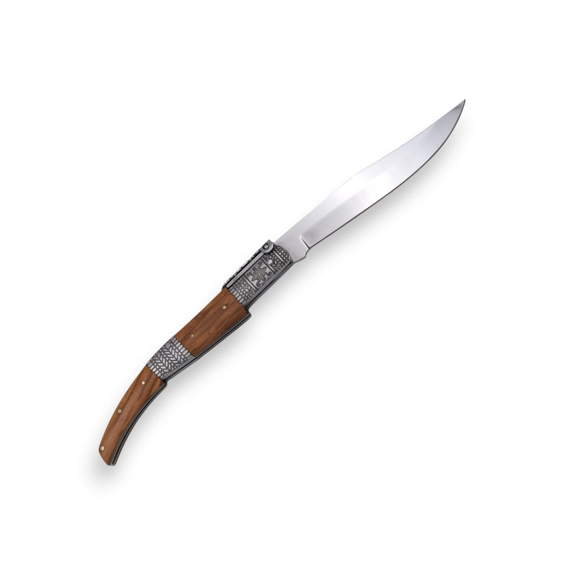 Ratschenmesser aus bernsteinfarbenem Seidenstoff mit verziertem Griffstück und Federmechanismus, Einlagen aus Olivenholz und einer 13 cm langen Klinge