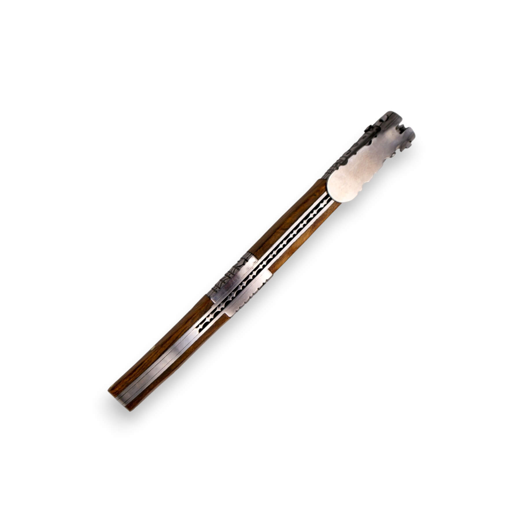Ratschenmesser aus bernsteinfarbenem Seidenstoff mit verziertem Griffstück und Federmechanismus, Einlagen aus Olivenholz und einer 13 cm langen Klinge