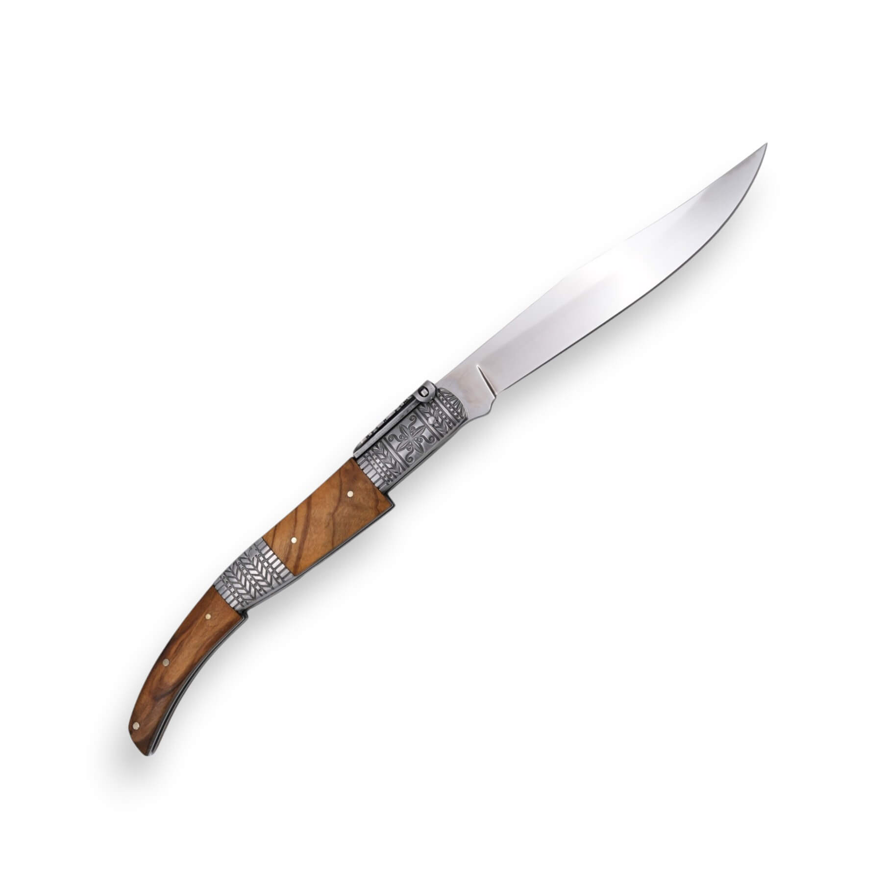 Bernsteinfarbenes Seiden-Ratschenmesser mit verziertem Griffstück und Federmechanismus, Olivenholzeinlagen und einer 15 cm langen Klinge