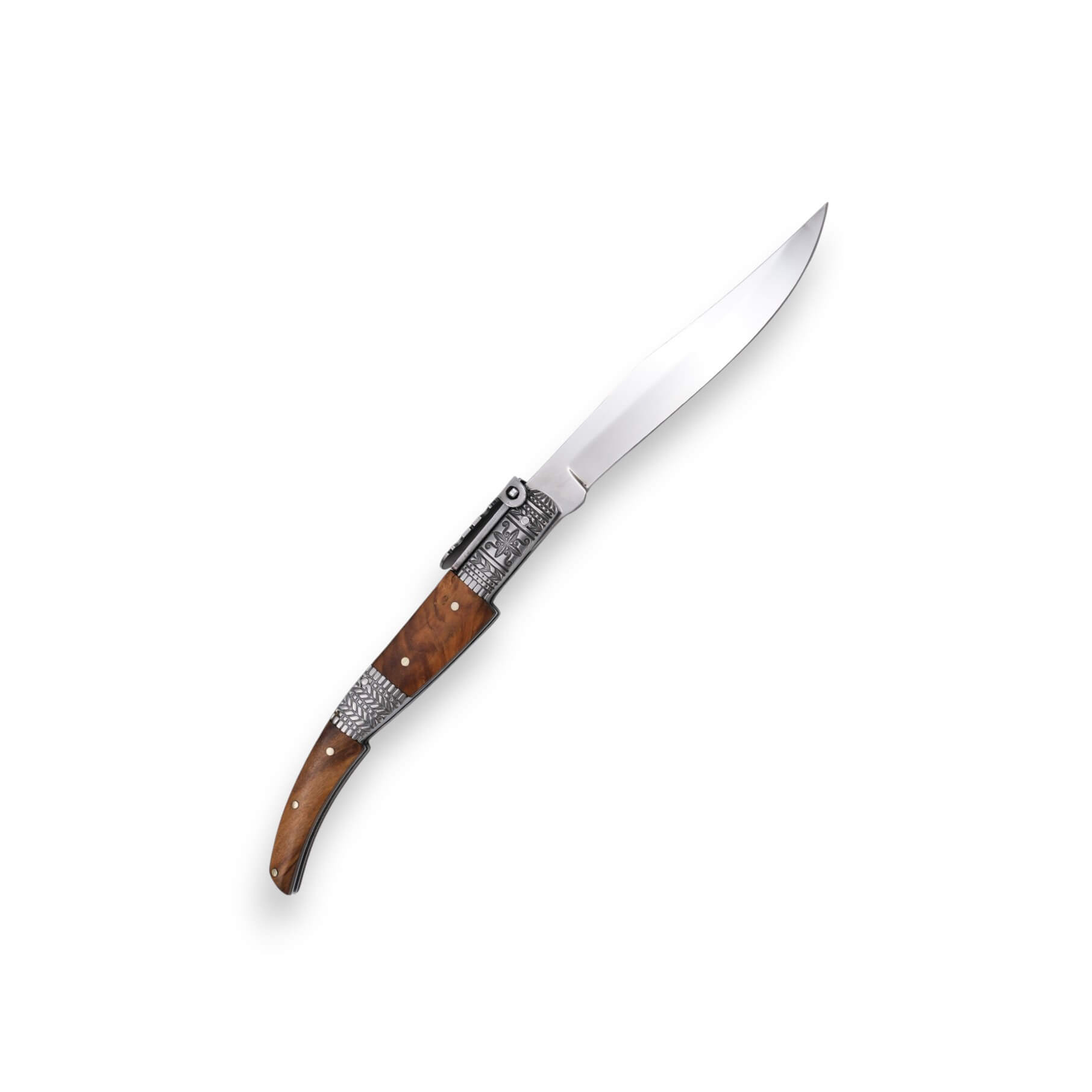 Ratschenmesser aus bernsteinfarbenem Seidenstoff mit verziertem Griffstück und Federmechanismus, Einlagen aus Olivenholz und 13 cm langer Klinge