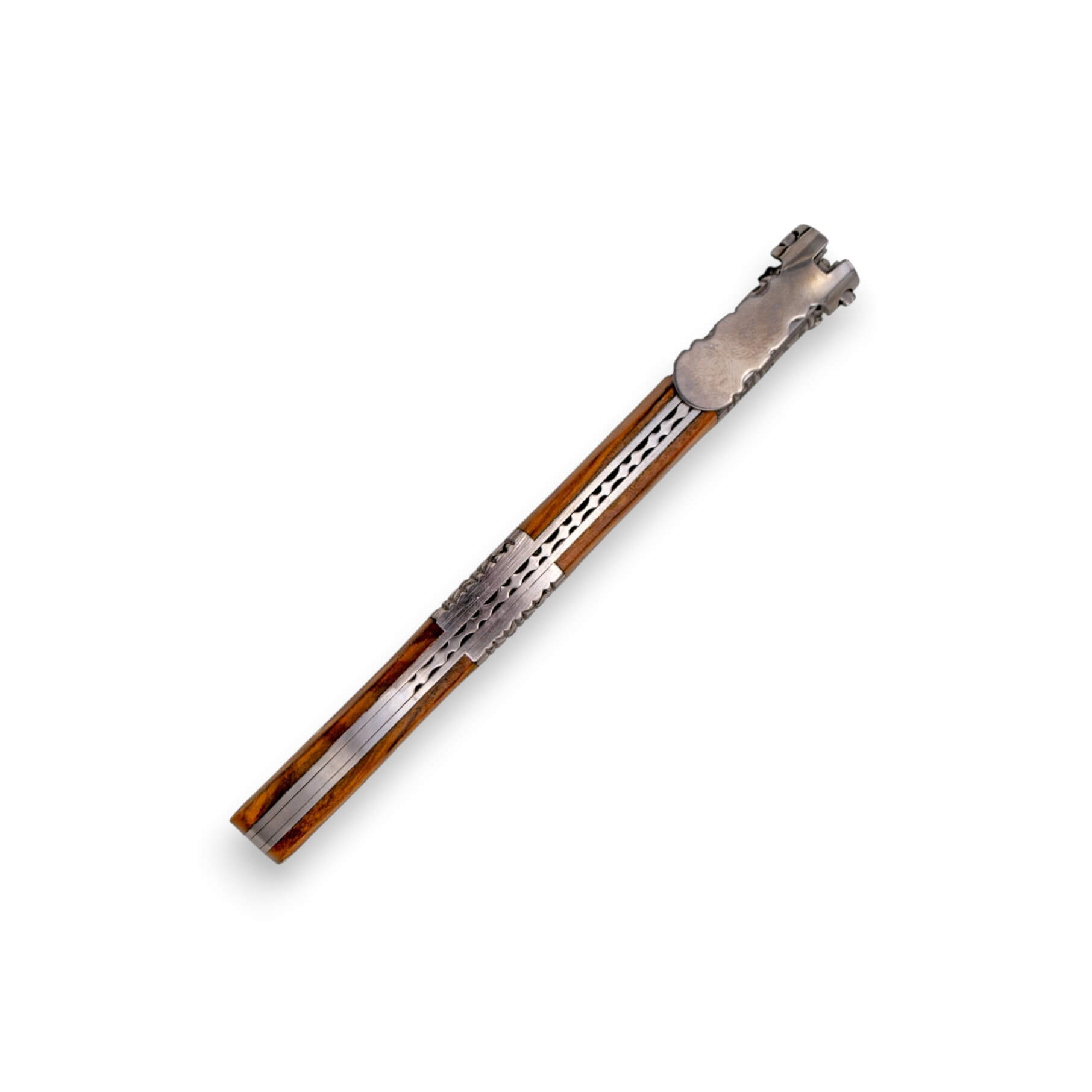 Ratschenmesser aus bernsteinfarbenem Seidenstoff mit verziertem Griffstück und Federmechanismus, Einlagen aus Olivenholz und 13 cm langer Klinge