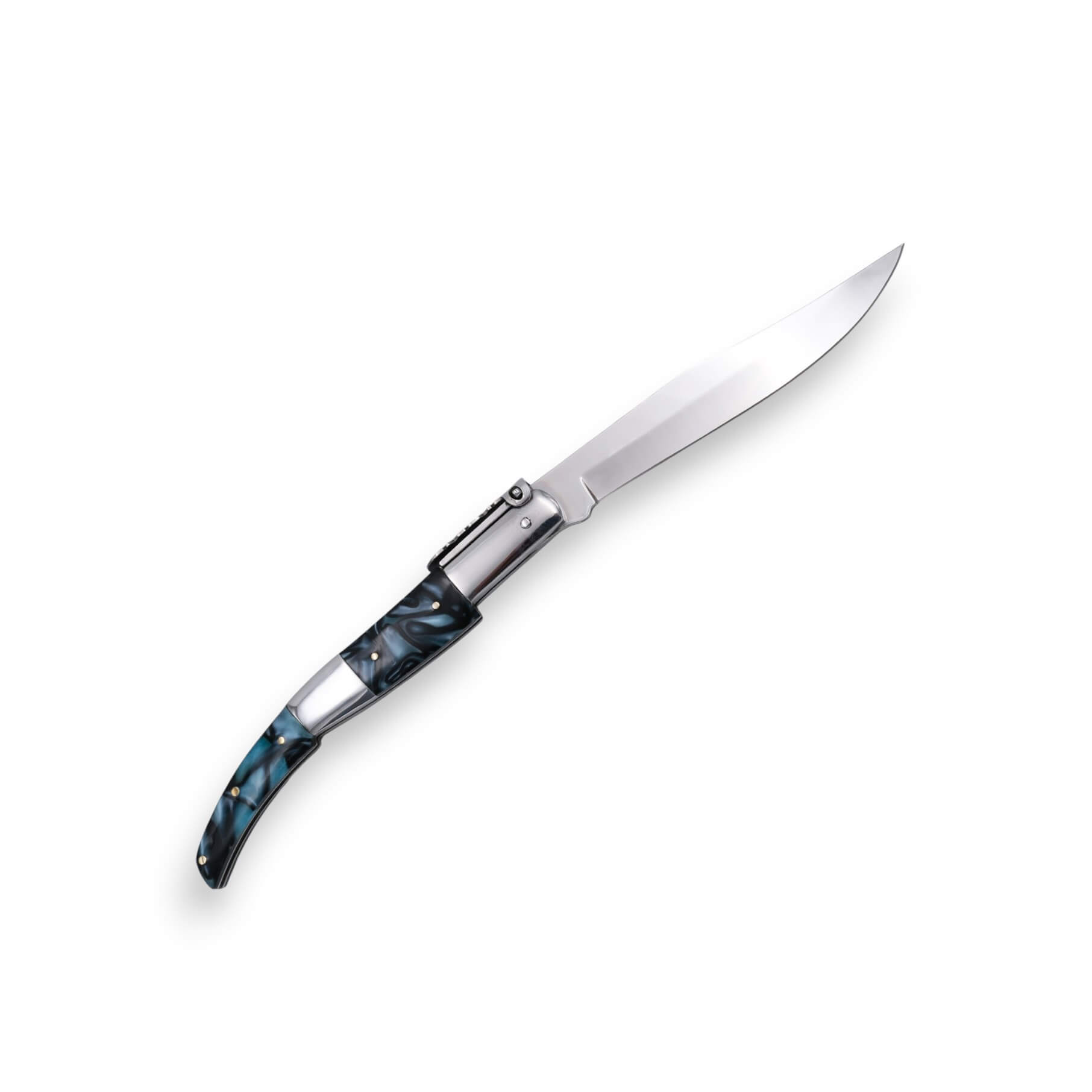 Arabisches Ratschenmesser mit einer 13 cm langen Klinge und blauem Acrylgriff mit hochglanzpolierten Edelstahlbacken