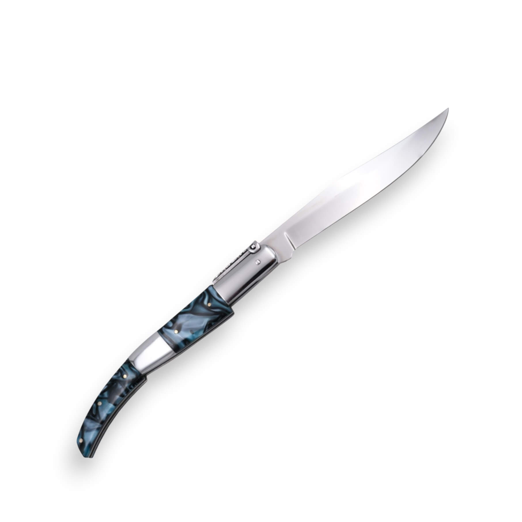 Arabisches Ratschenmesser mit einer 15 cm langen Klinge und blauem Acrylgriff mit hochglanzpolierten Edelstahlbacken
