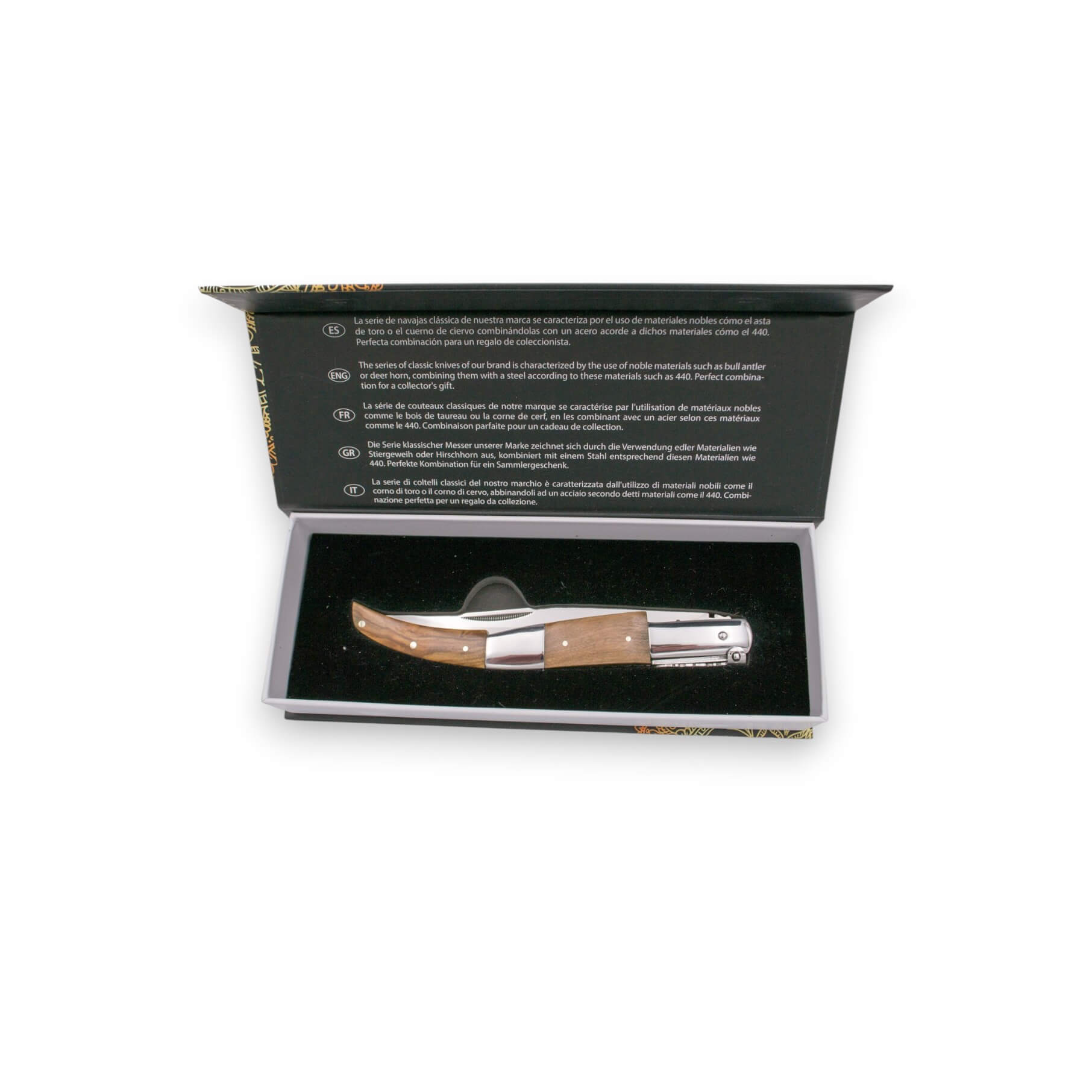 Arabisches Ratschenmesser mit 15 cm Klinge und Olivenholzgriff mit hochglanzpolierten Edelstahlbacken