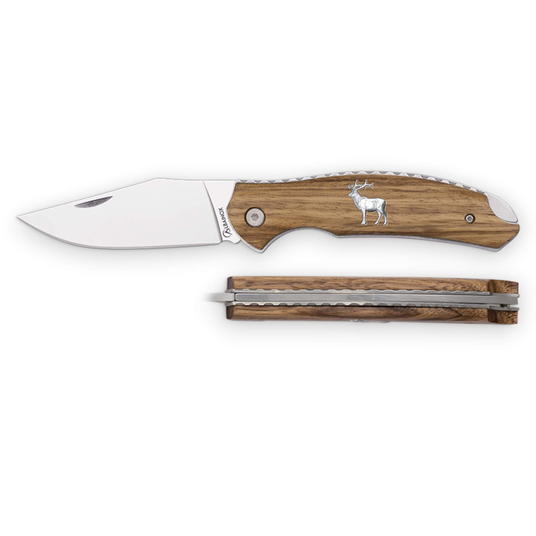 Navaja de bolsillo con mango de madera de zebra con inserción de ciervo y hoja de 8.3 cm con backlock