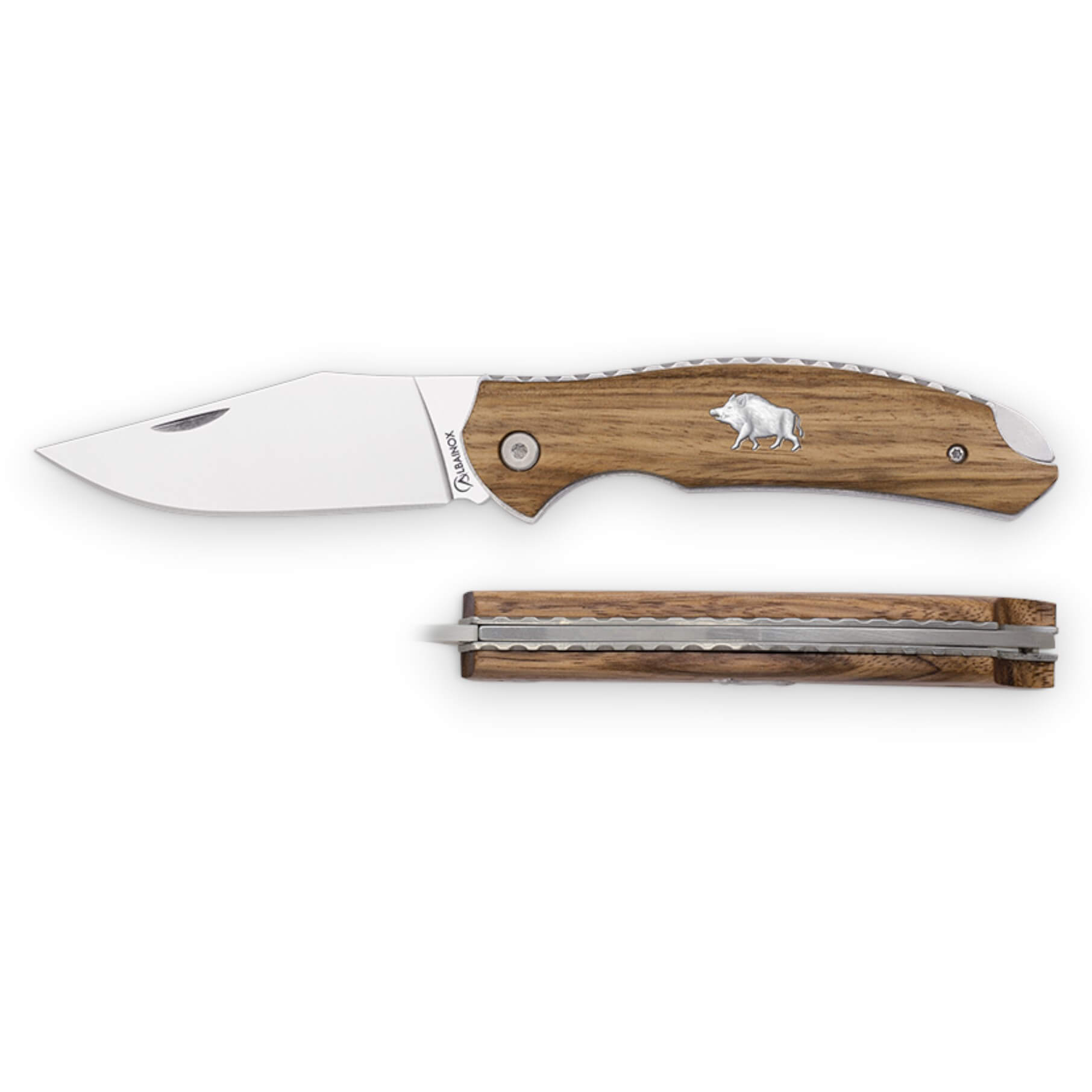 Navaja de bolsillo con mango de madera de zebra con inserción de jabalí y hoja de 8.3 cm con backlock