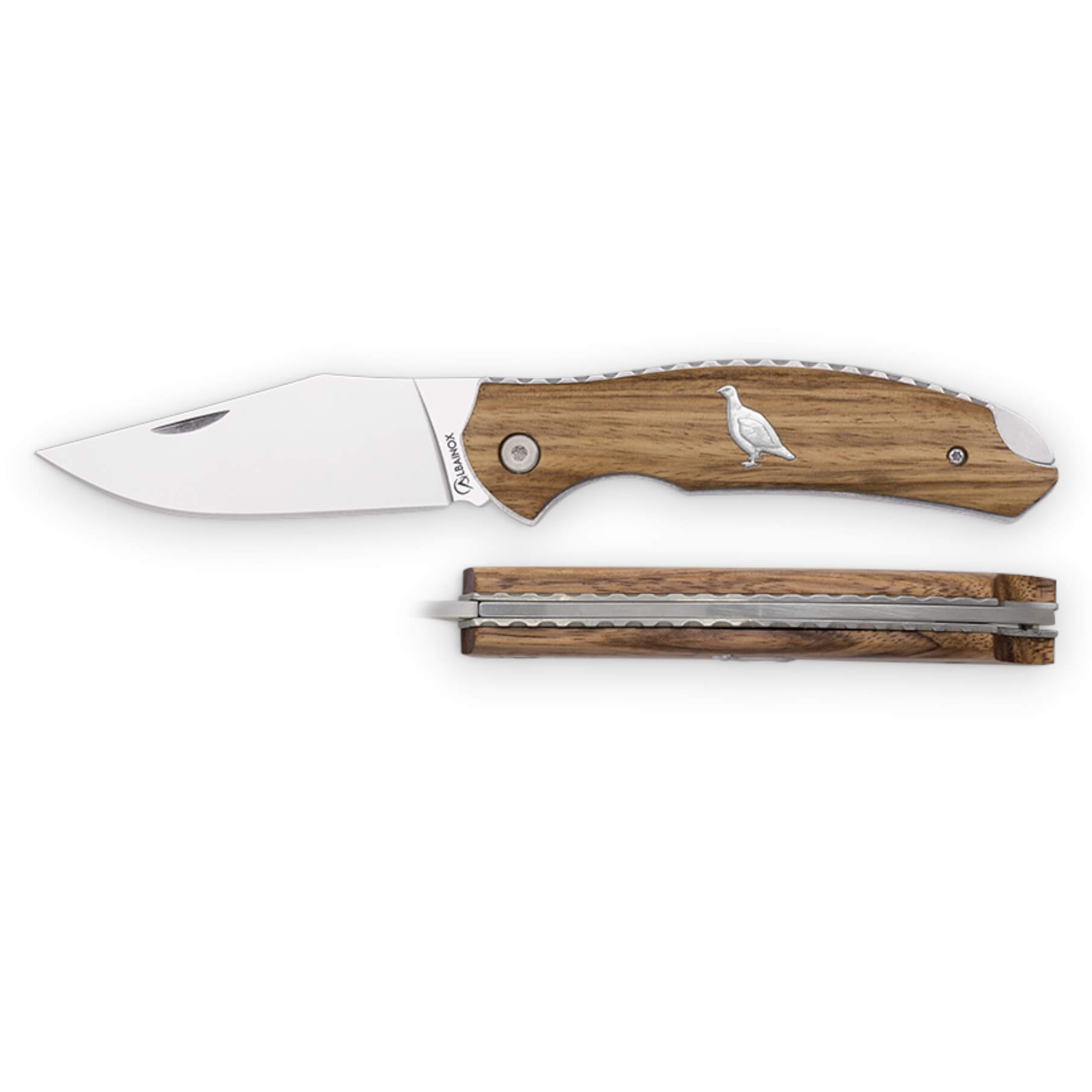 Navaja de bolsillo con mango de madera de zebra con inserción de perdiz en acero inox y hoja de 8.3 cm con backlock