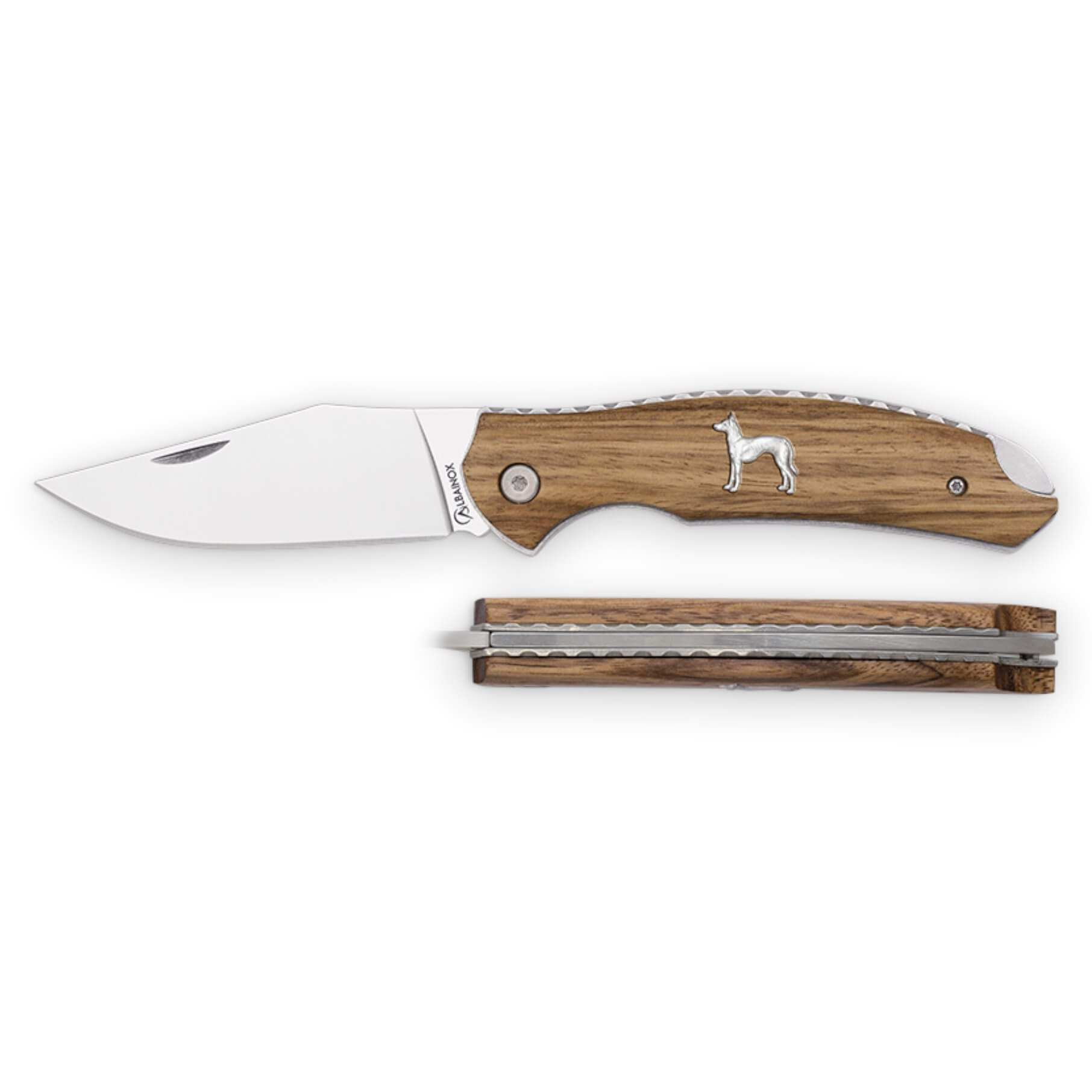 Navaja de bolsillo con mango de madera de zebra con inserción de perro en acero inox y hoja de 8.3 cm con backlock