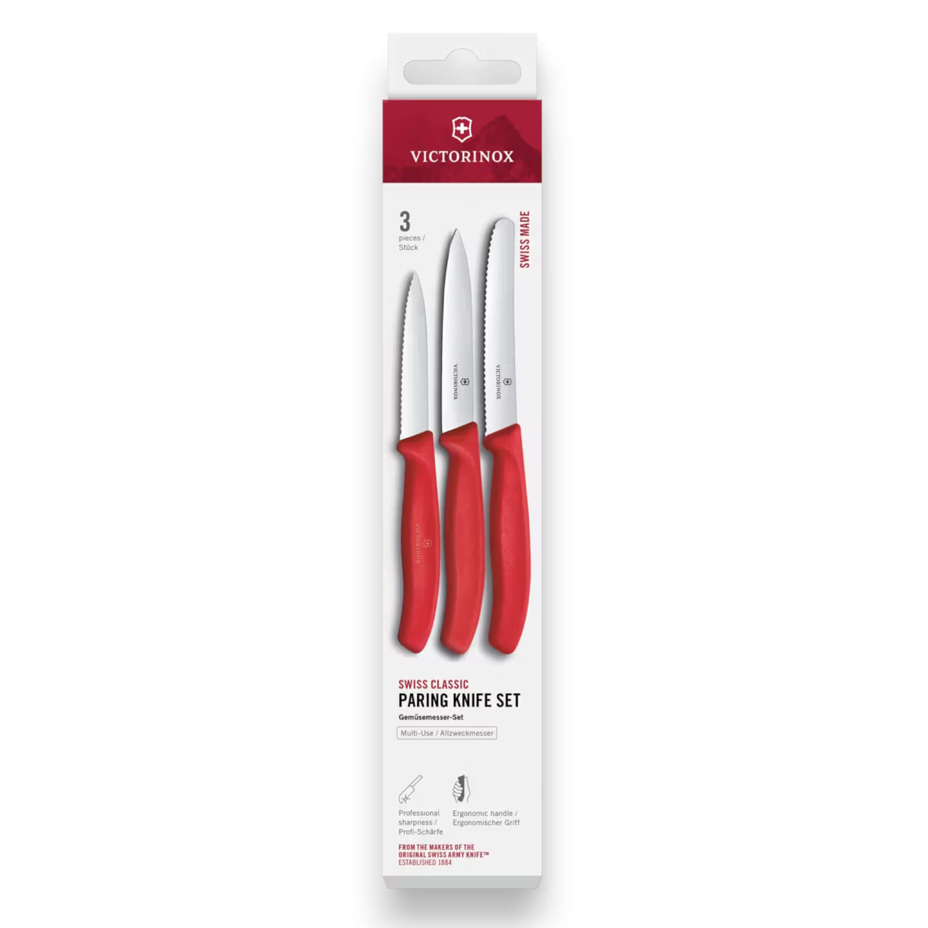 Set de 3 cuchillos mondadores con distintas hojas y mango rojo