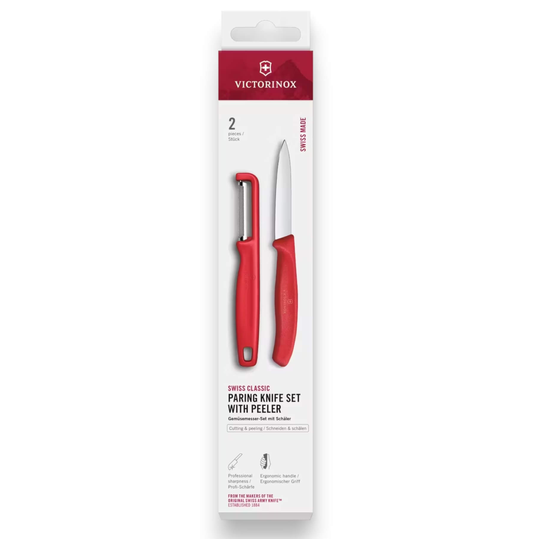 Set de cuchillo mondador de 8 cm con pelador con mango rojo