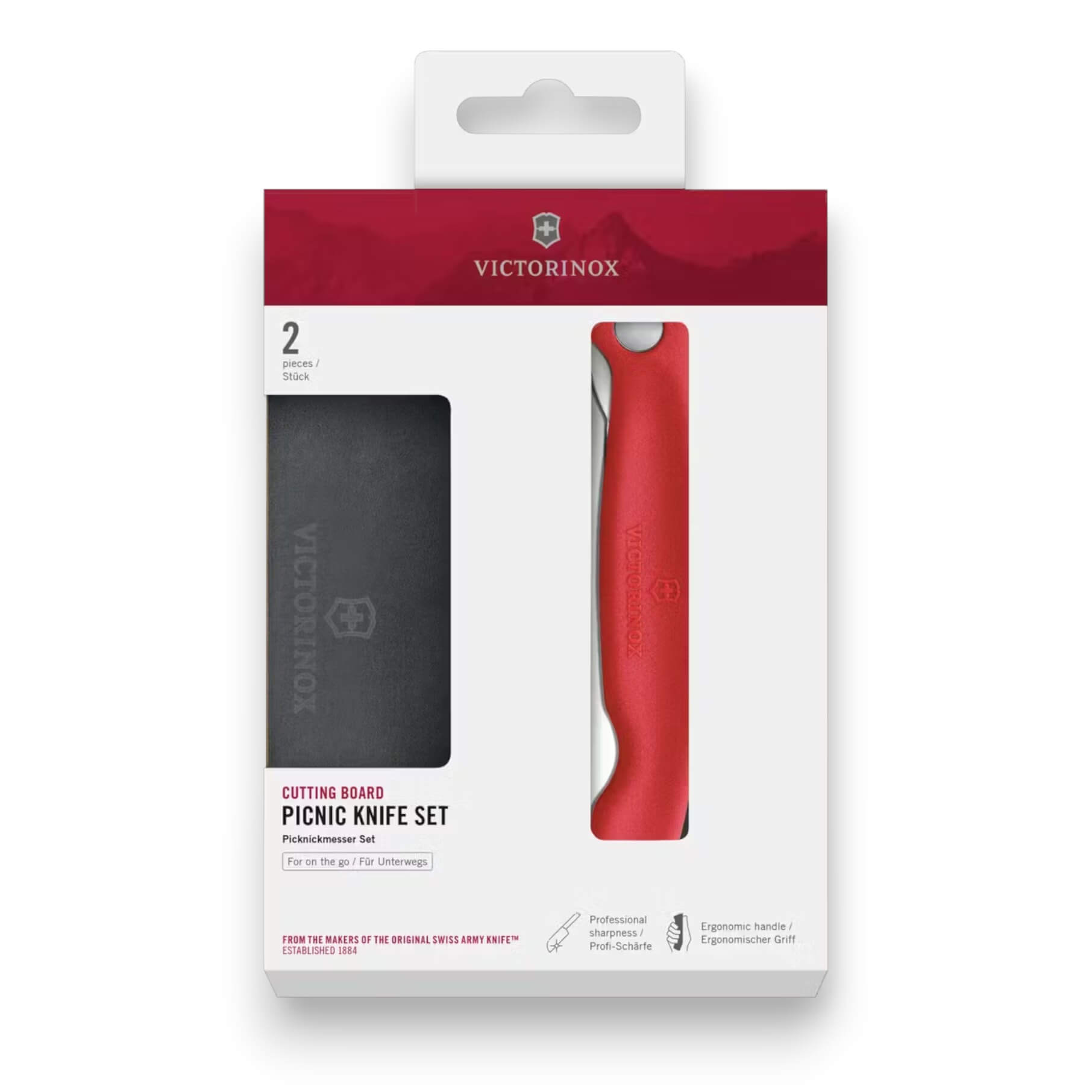 Victorinox folding knife and cutting board set for picnics, red