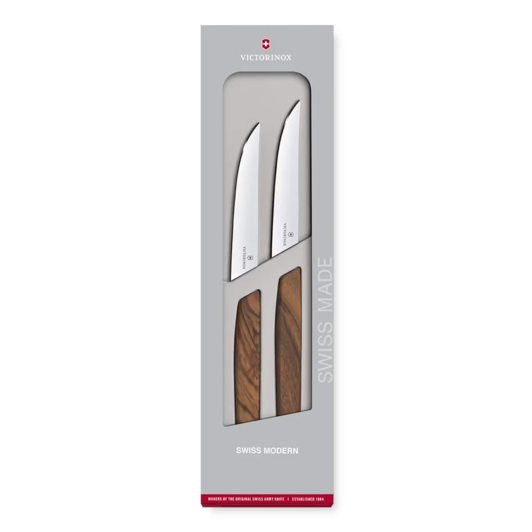 Set de 2 cuchillos para bistec Swiss Modern con hoja de 12 cm y mango de madera de nogal