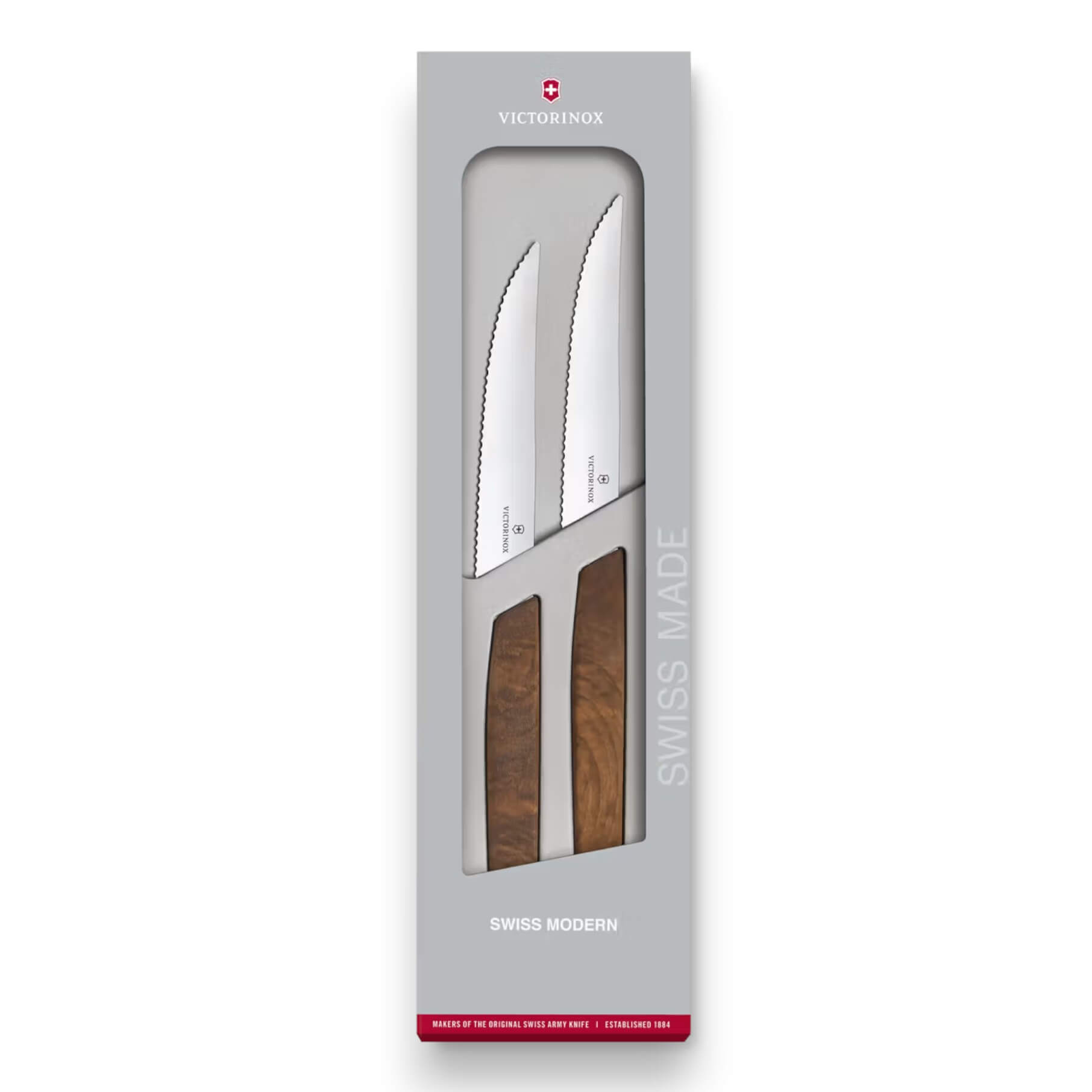 Set de 2 cuchillos para bistec Swiss Modern con hoja dentada de 12 cm y mango de madera de nogal