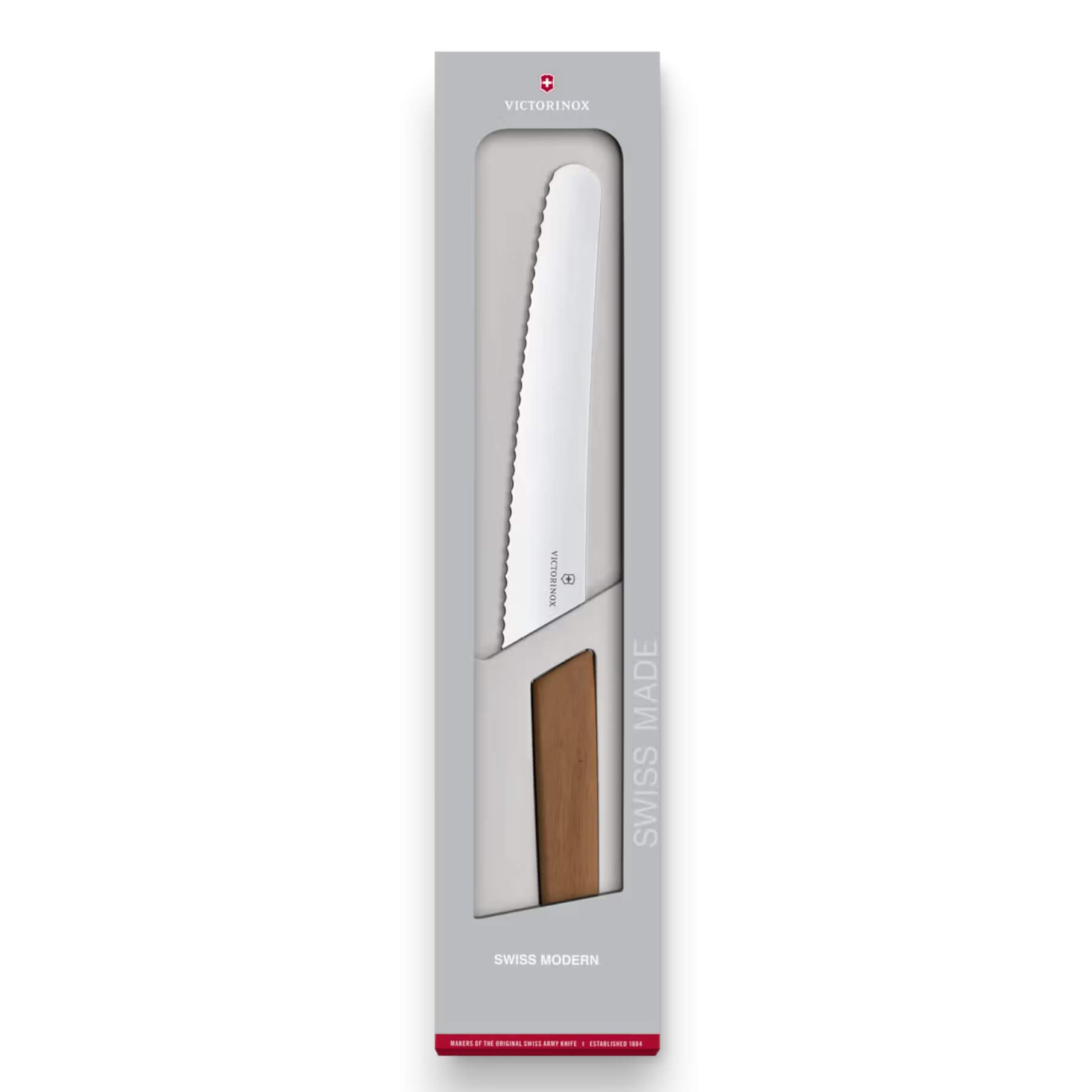 Faca para pão e pastelaria Victorinox Swiss Modern com lâmina serrilhada de 22 cm e cabo em madeira de nogueira.