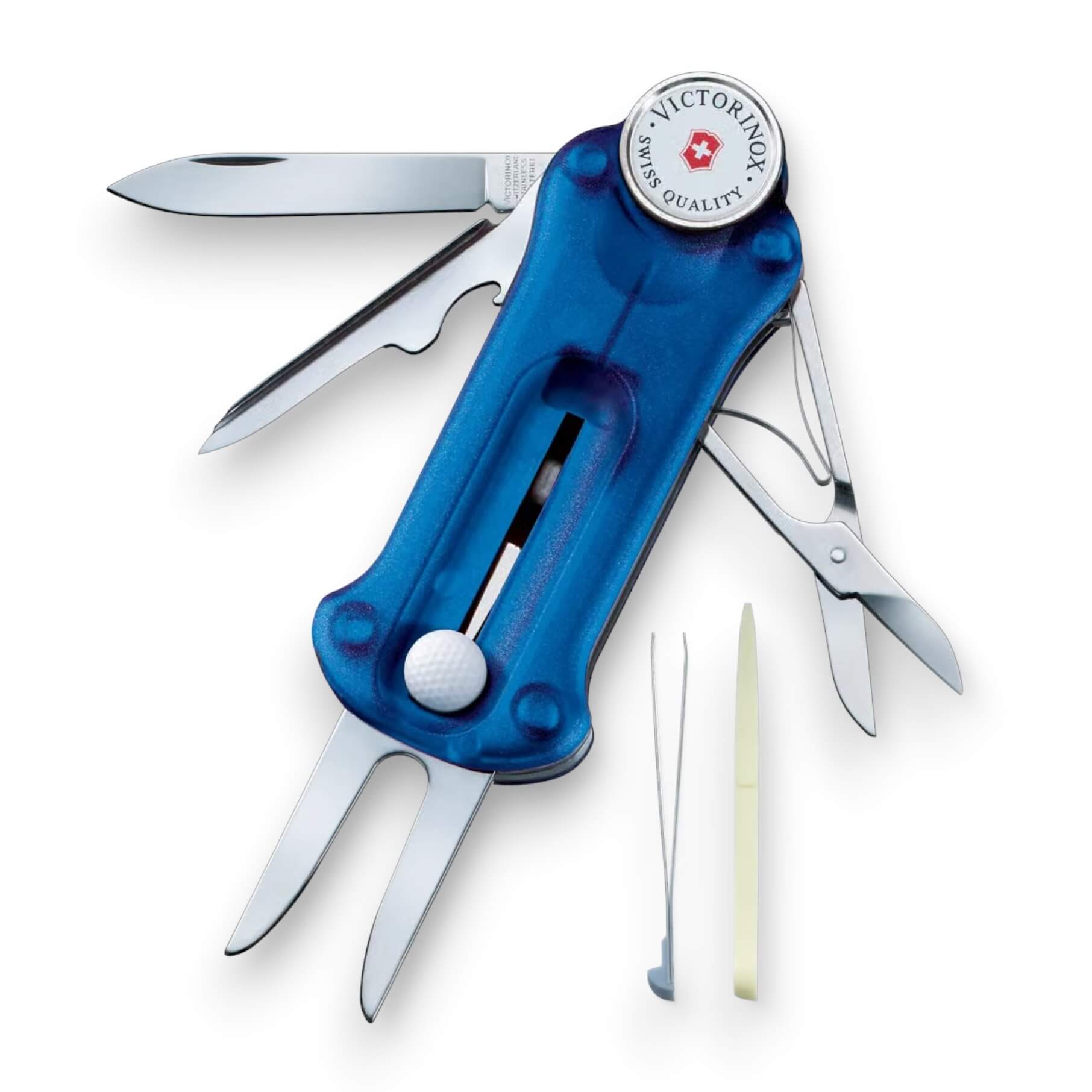 Outil de golf Victorinox bleu translucide avec 10 utilisations