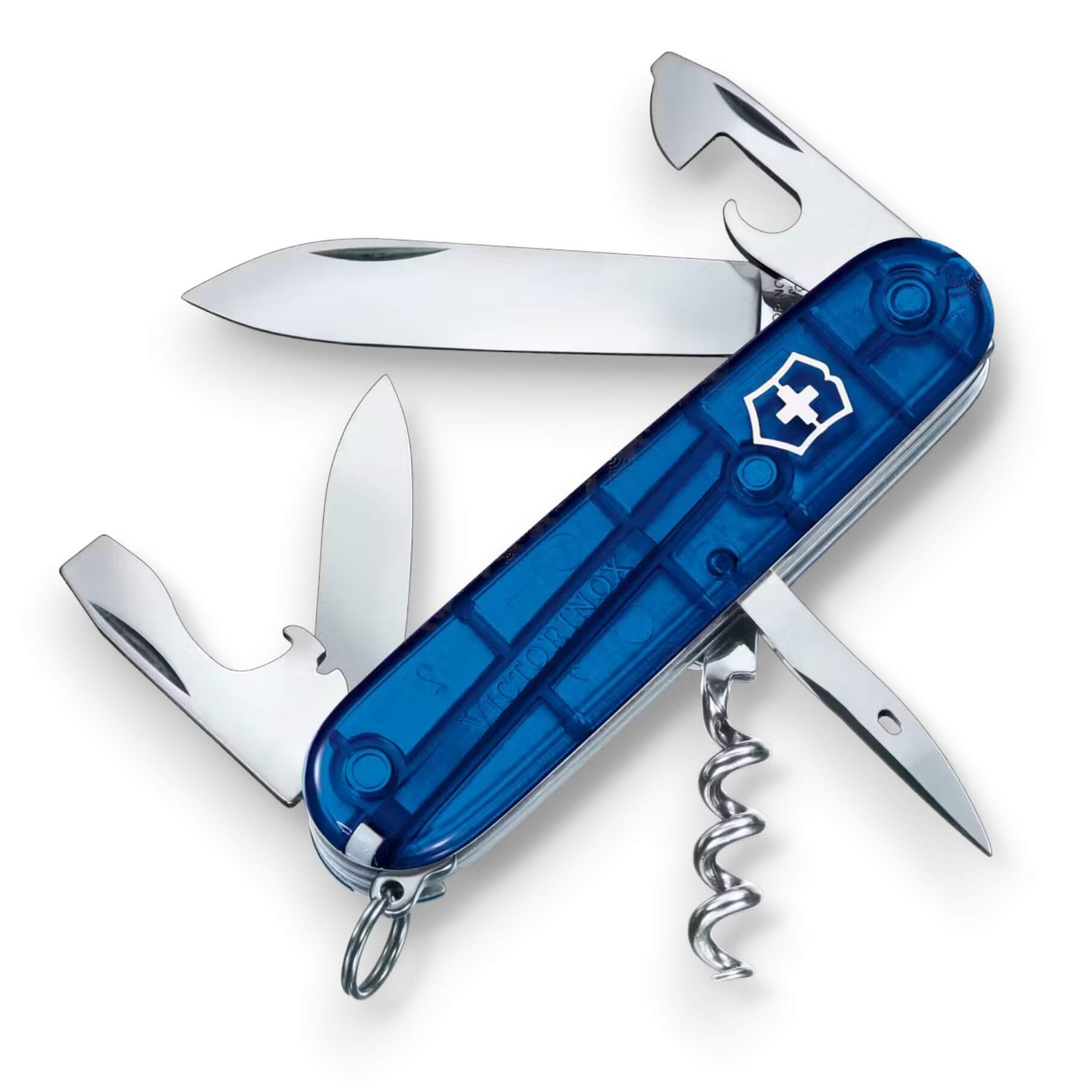 Couteau multifonction Victorinox Spartan à 12 fonctions et manche bleu translucide, sous blister.