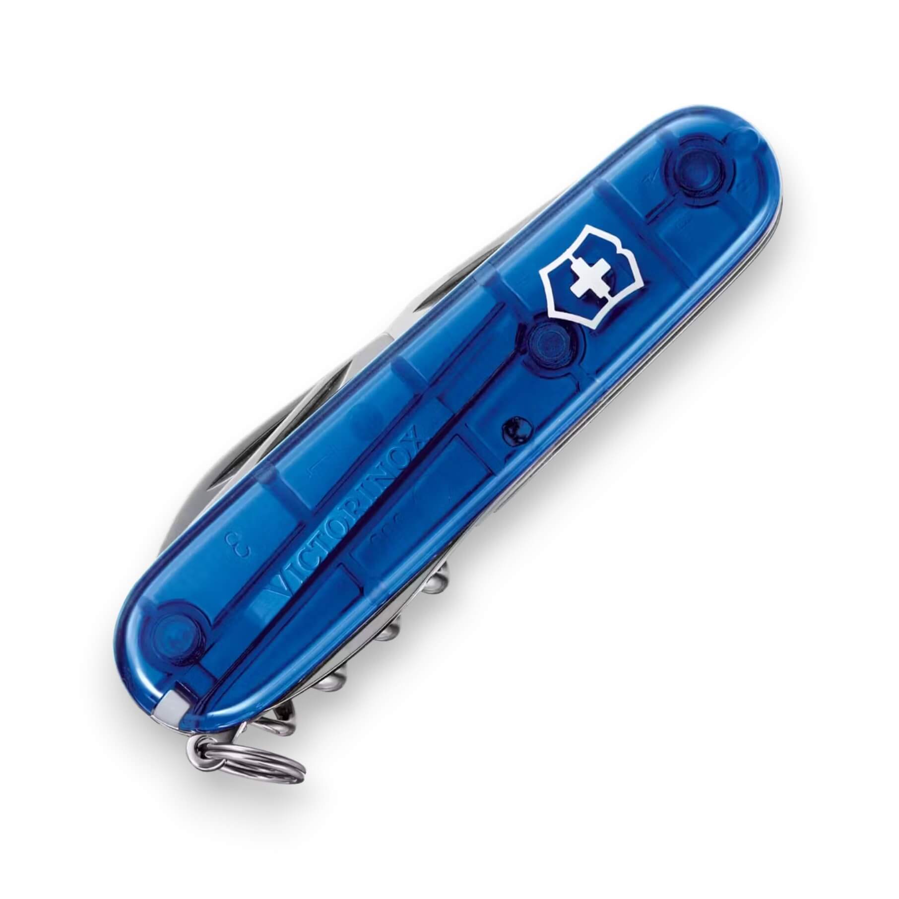 Couteau multifonction Victorinox Spartan à 12 fonctions et manche bleu translucide, sous blister.