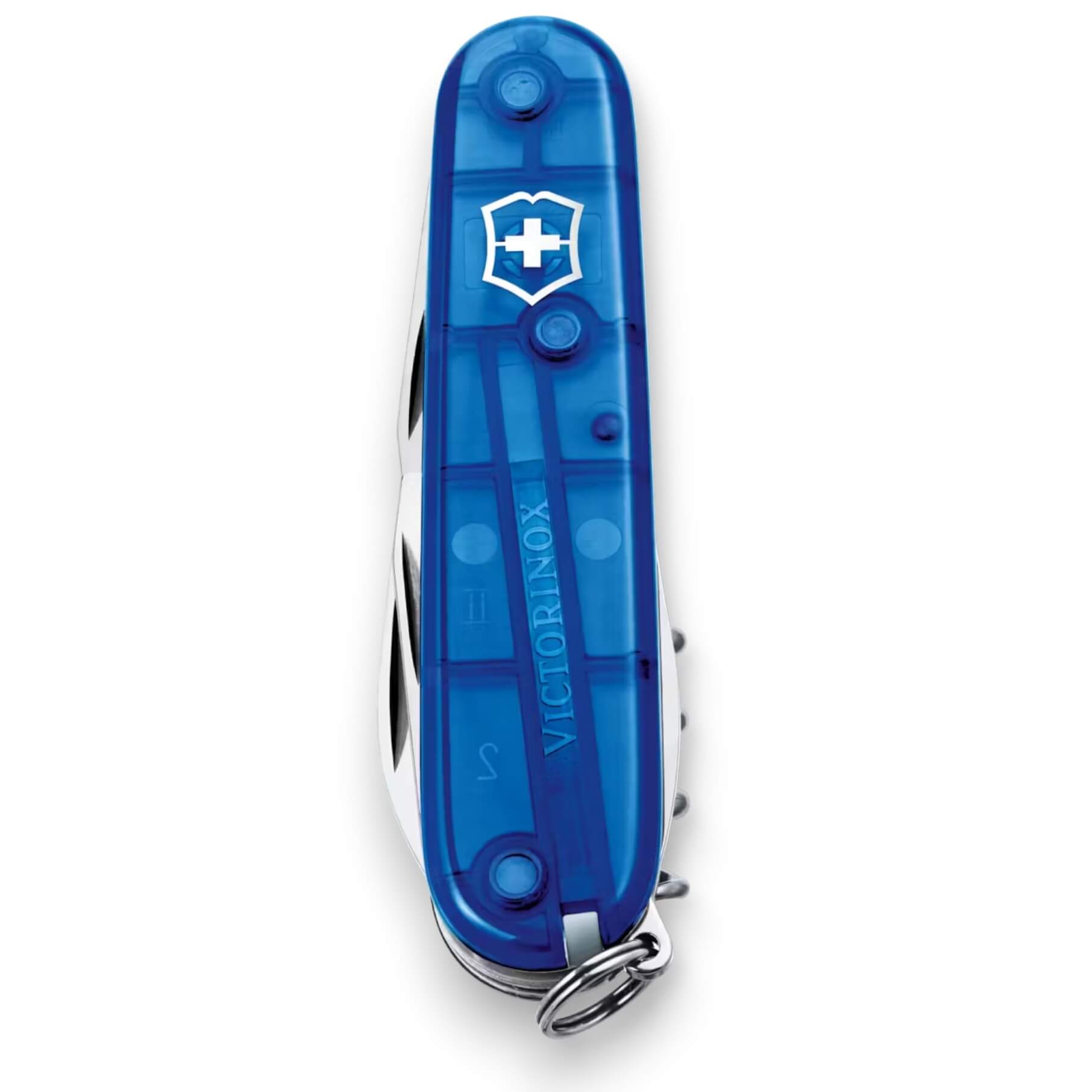 Couteau multifonction Victorinox Spartan à 12 fonctions et manche bleu translucide, sous blister.