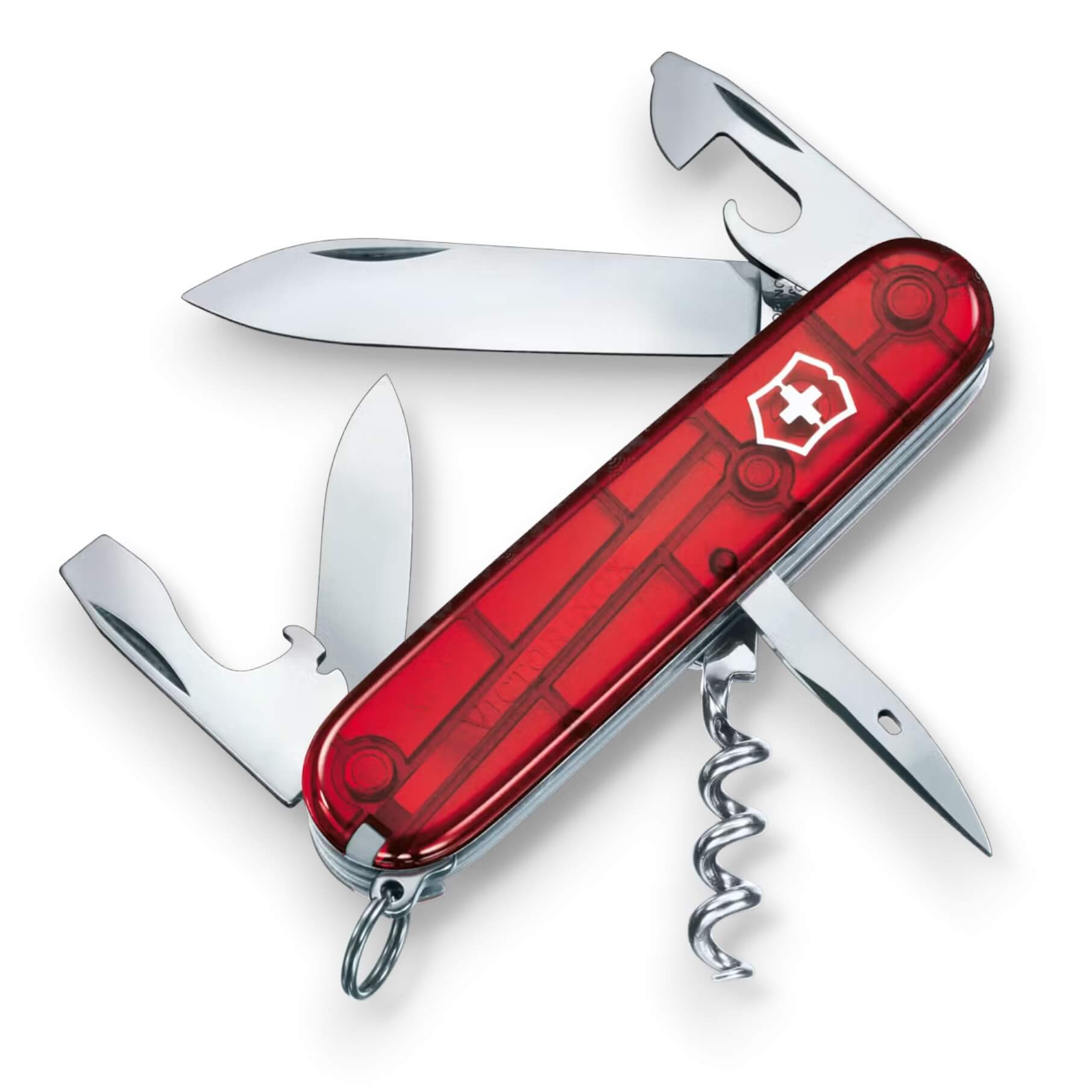 Couteau multifonction Victorinox Spartan à 12 fonctions et manche rouge translucide, sous blister.
