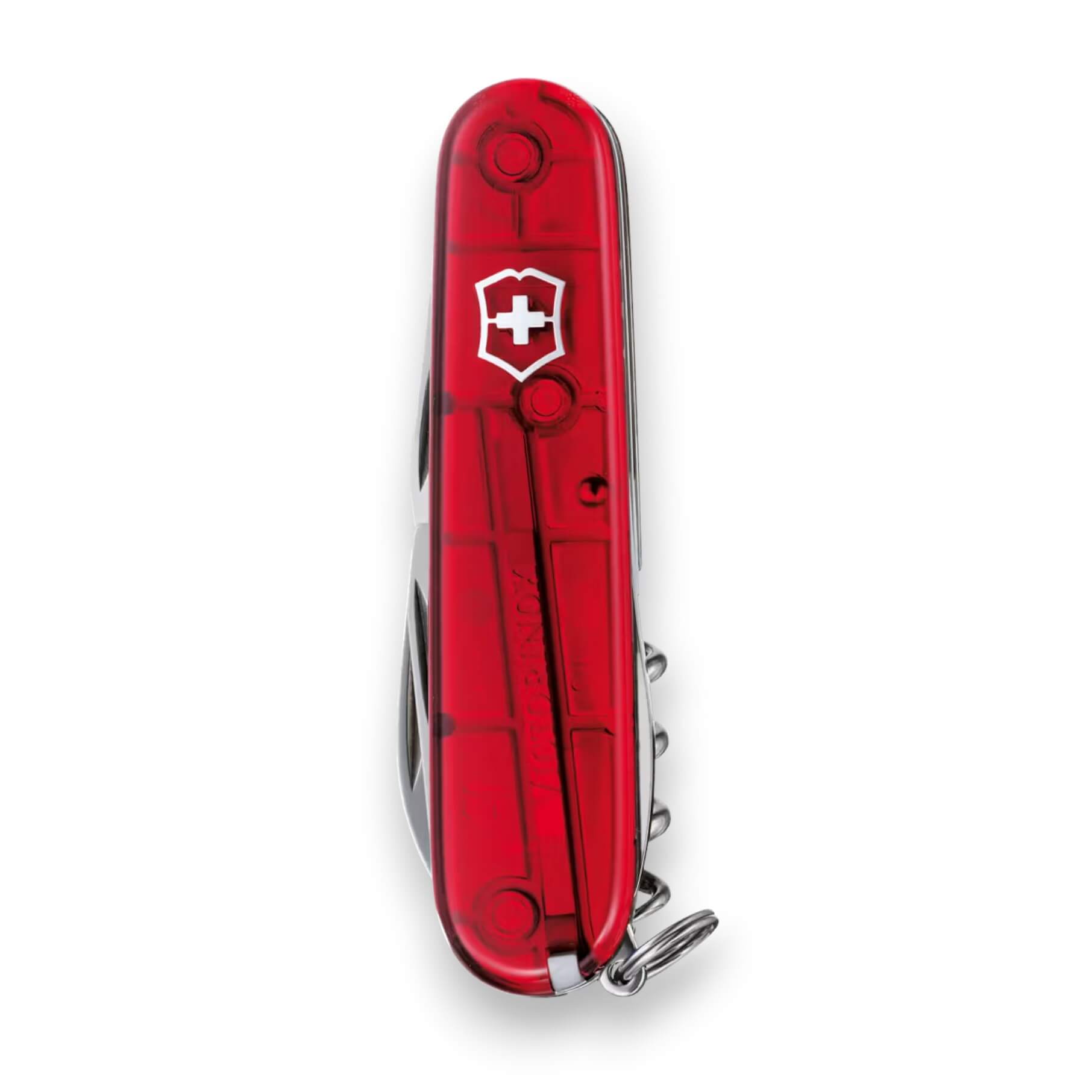 Couteau multifonction Victorinox Spartan à 12 fonctions et manche rouge translucide, sous blister.