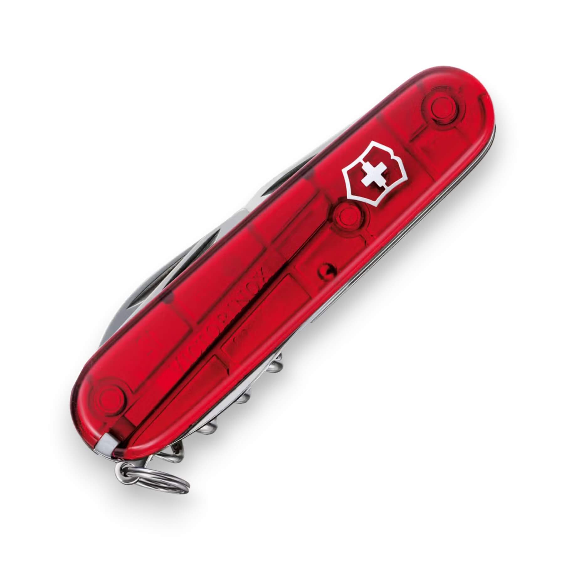 Couteau multifonction Victorinox Spartan à 12 fonctions et manche rouge translucide, sous blister.