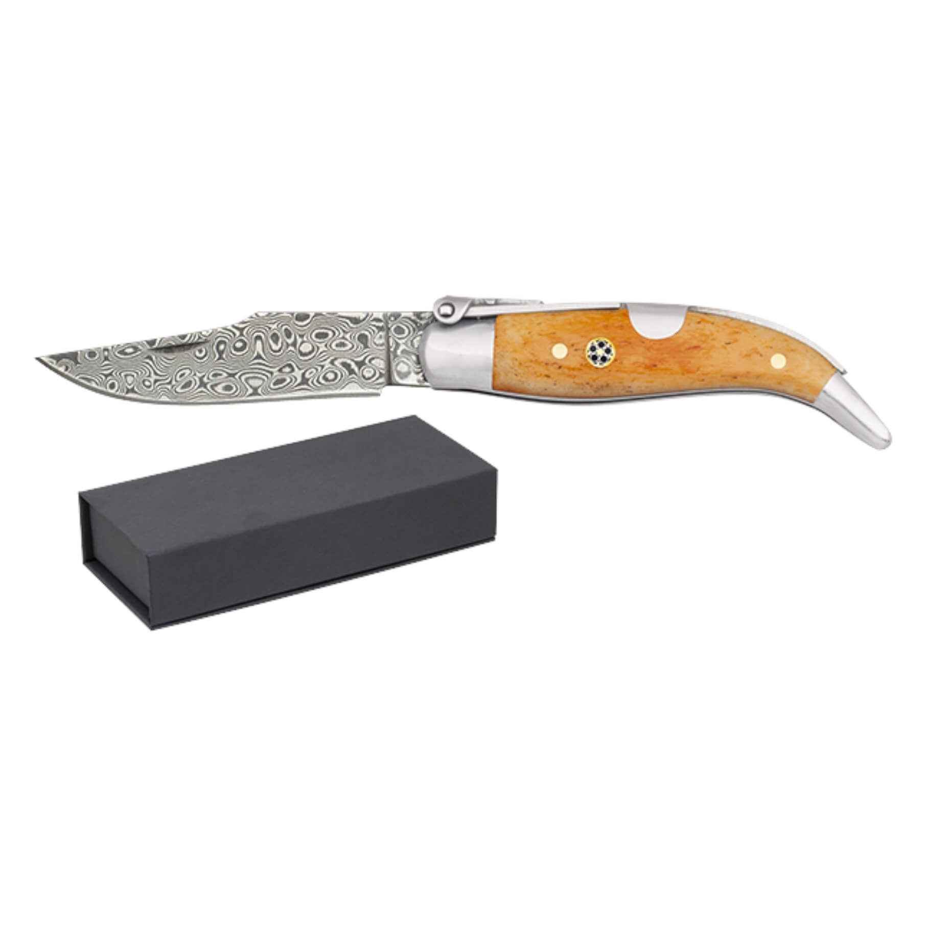 Teja klappmesser Nr. 00 mit 7 cm langer Damastklinge und Griff aus orangefarbenem Knochen