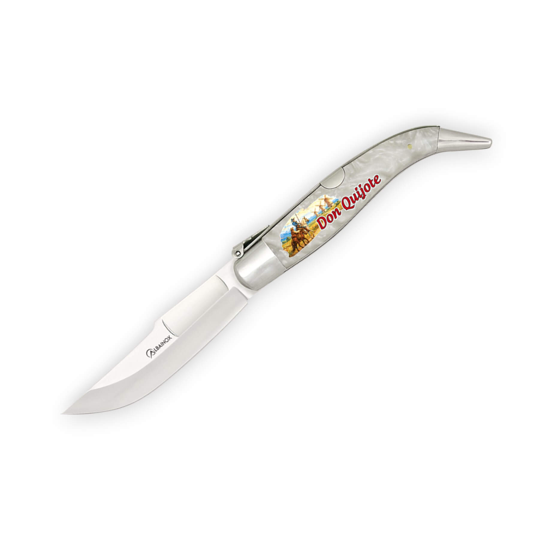Navaja clásica teja con hoja de 9 cm con mango nacar blanco con d...