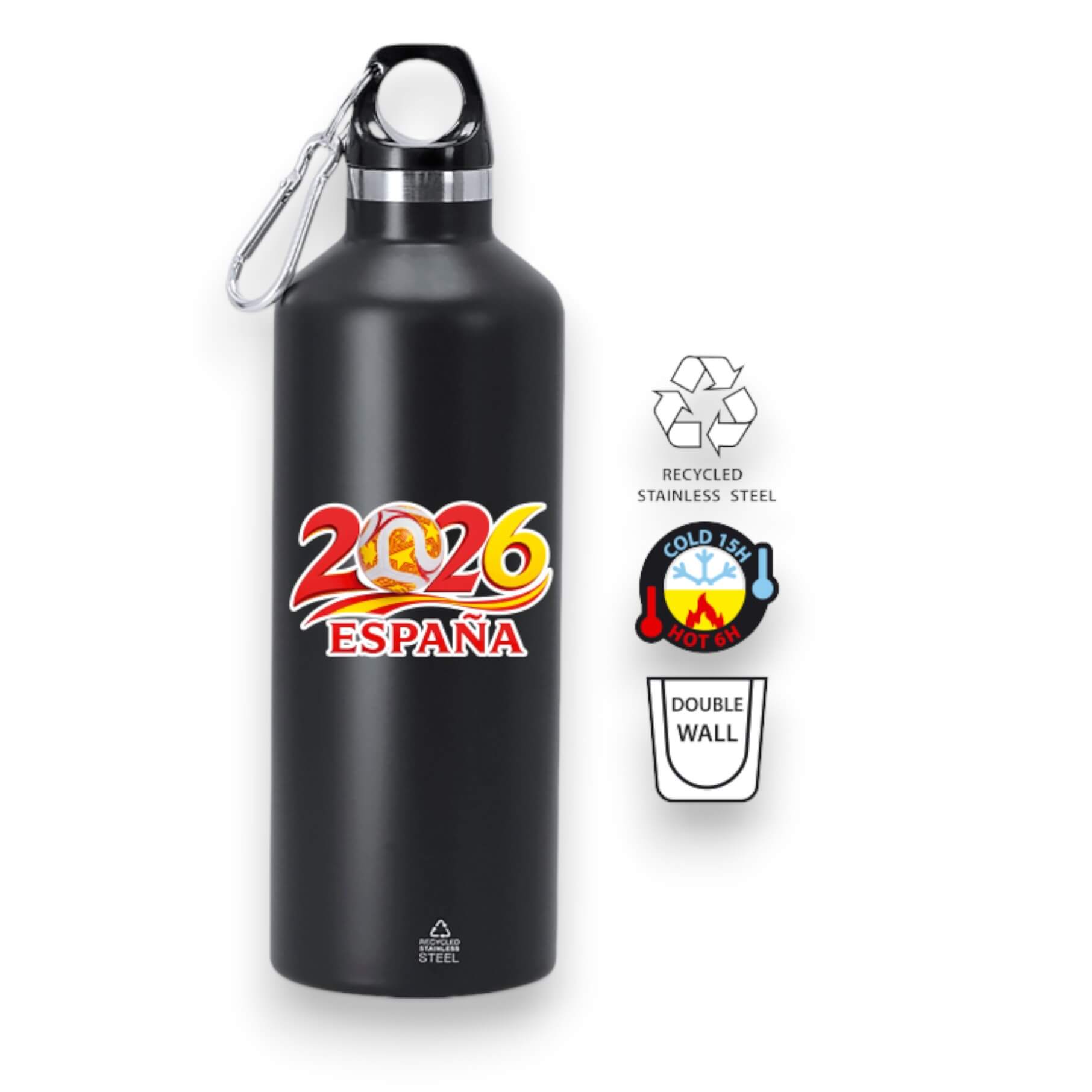 Borraccia in acciaio nero, Spagna 2026, con capacità di 500 ml