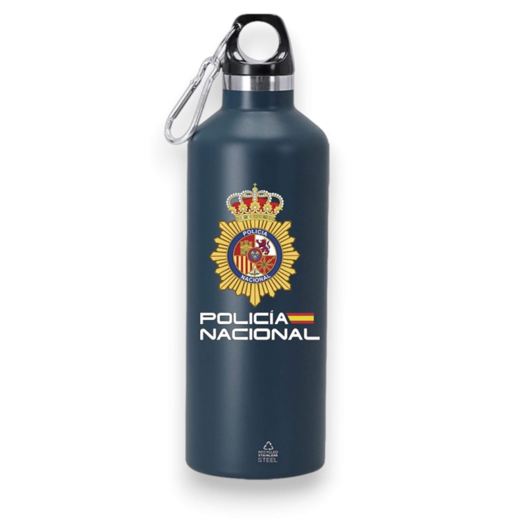 Navy blue steel jerrycan with National Police design, with a capa...