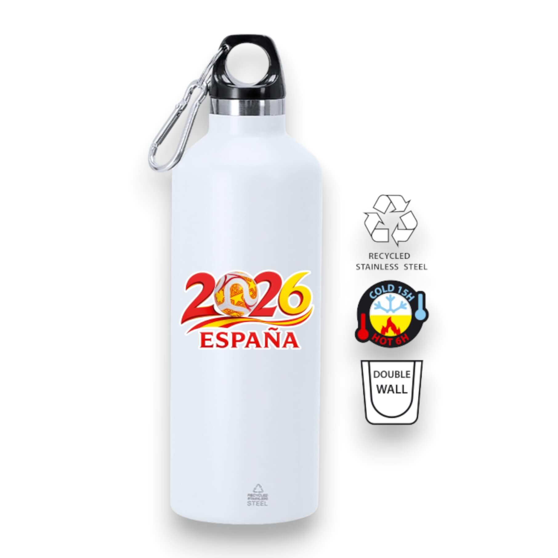 White steel water bottle with Spain 2026 design and a capacity of...