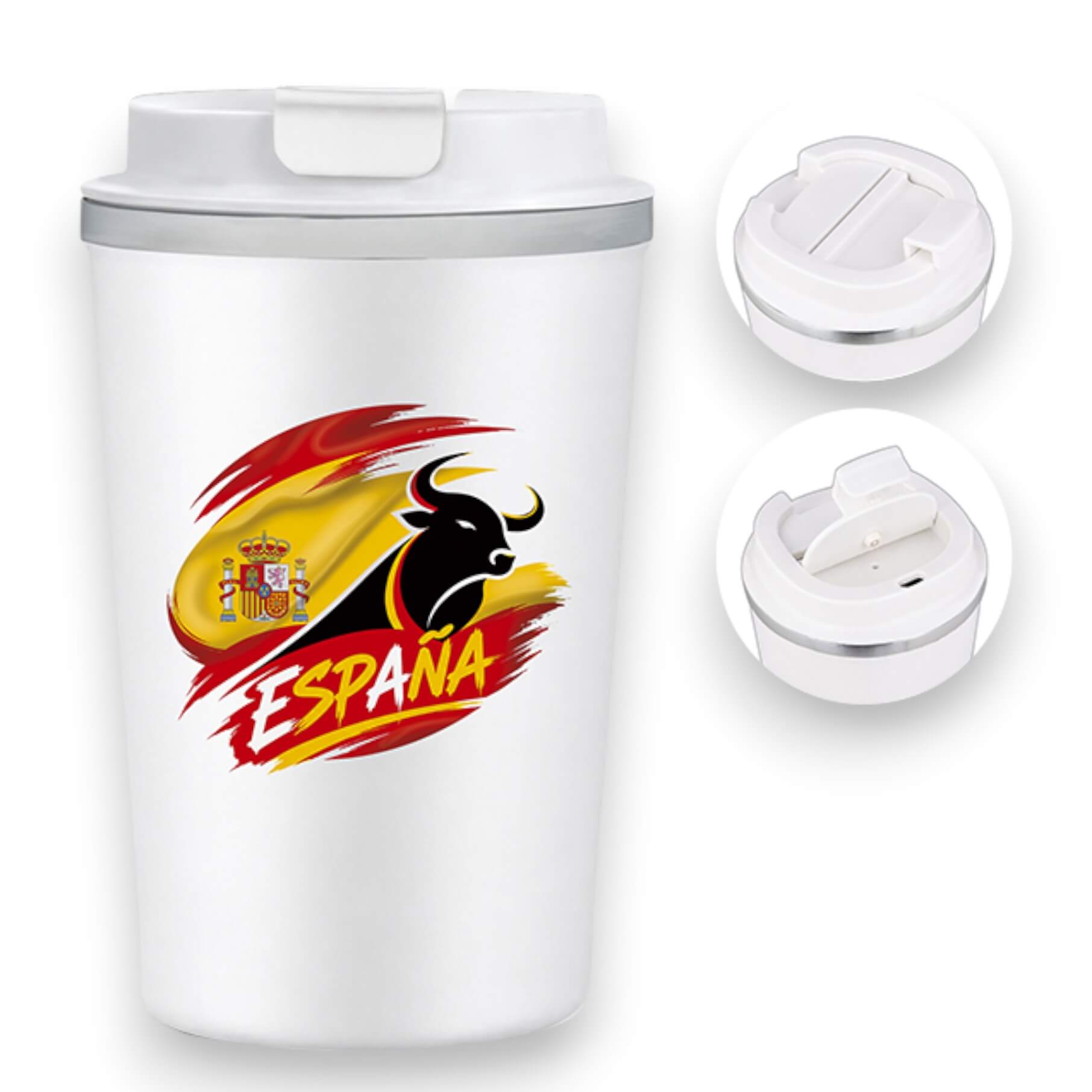 White stainless steel thermal mug with a Spanish design and a cap...