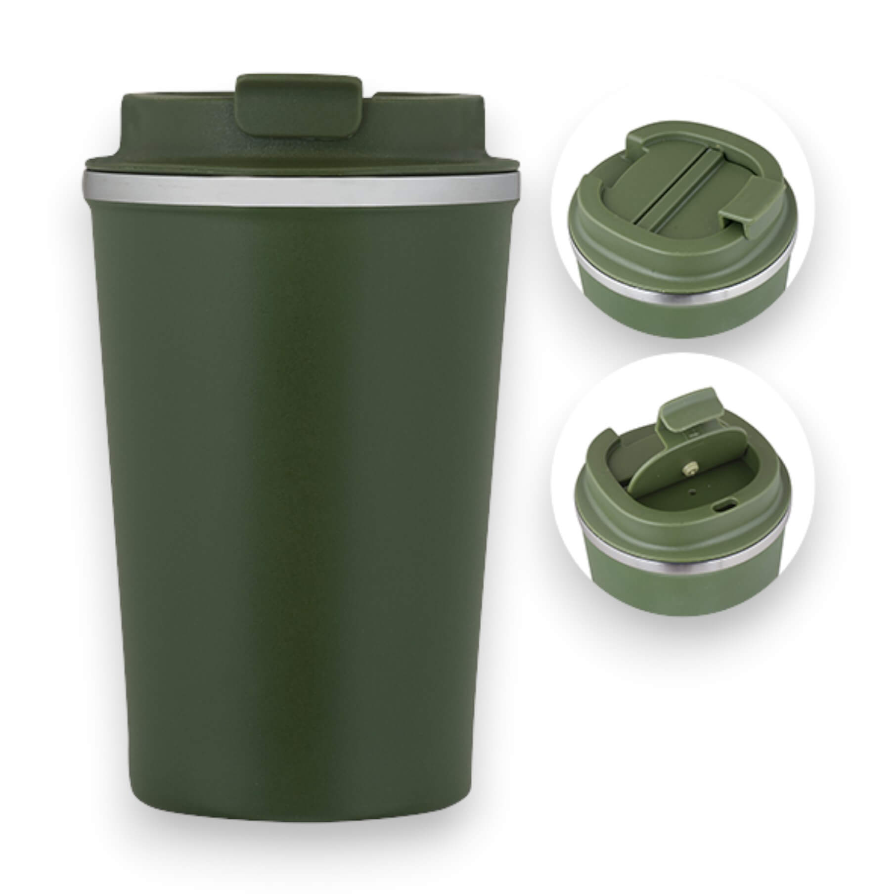 Green stainless steel thermal mug with a capacity of 350 ml