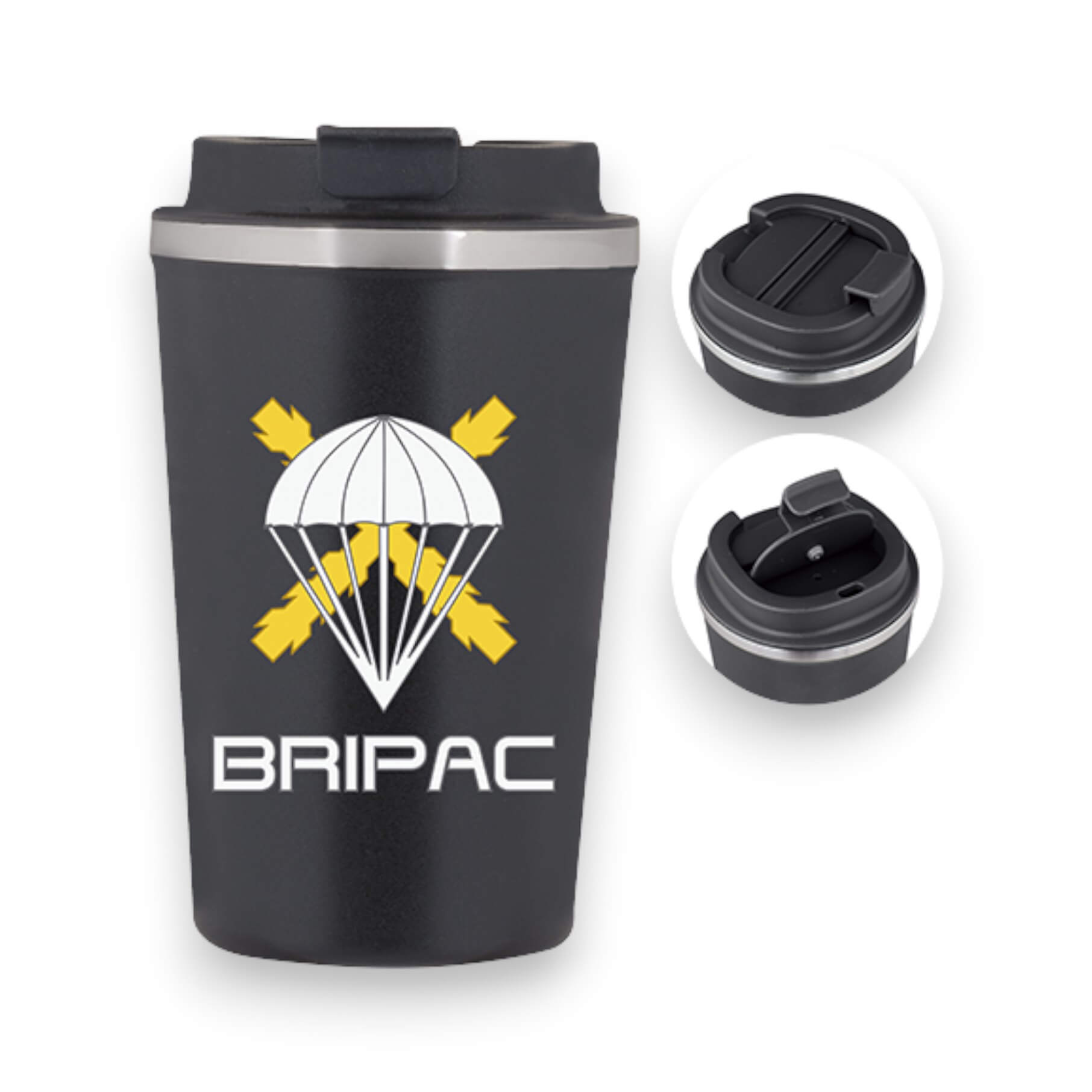 Caneca térmica em aço preto com design Bripac e capacidade de 350...