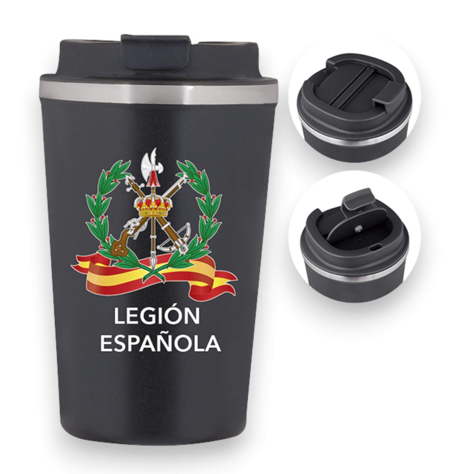 Caneca térmica em aço preto com estampa da Legião Espanhola e cap...