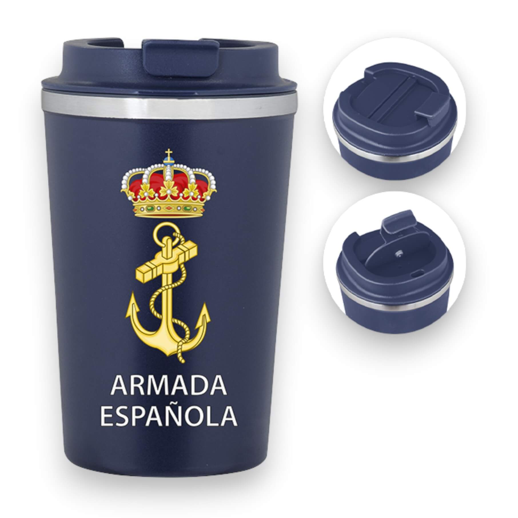 Caneca térmica em aço azul-marinho com design da Marinha Espanhol...