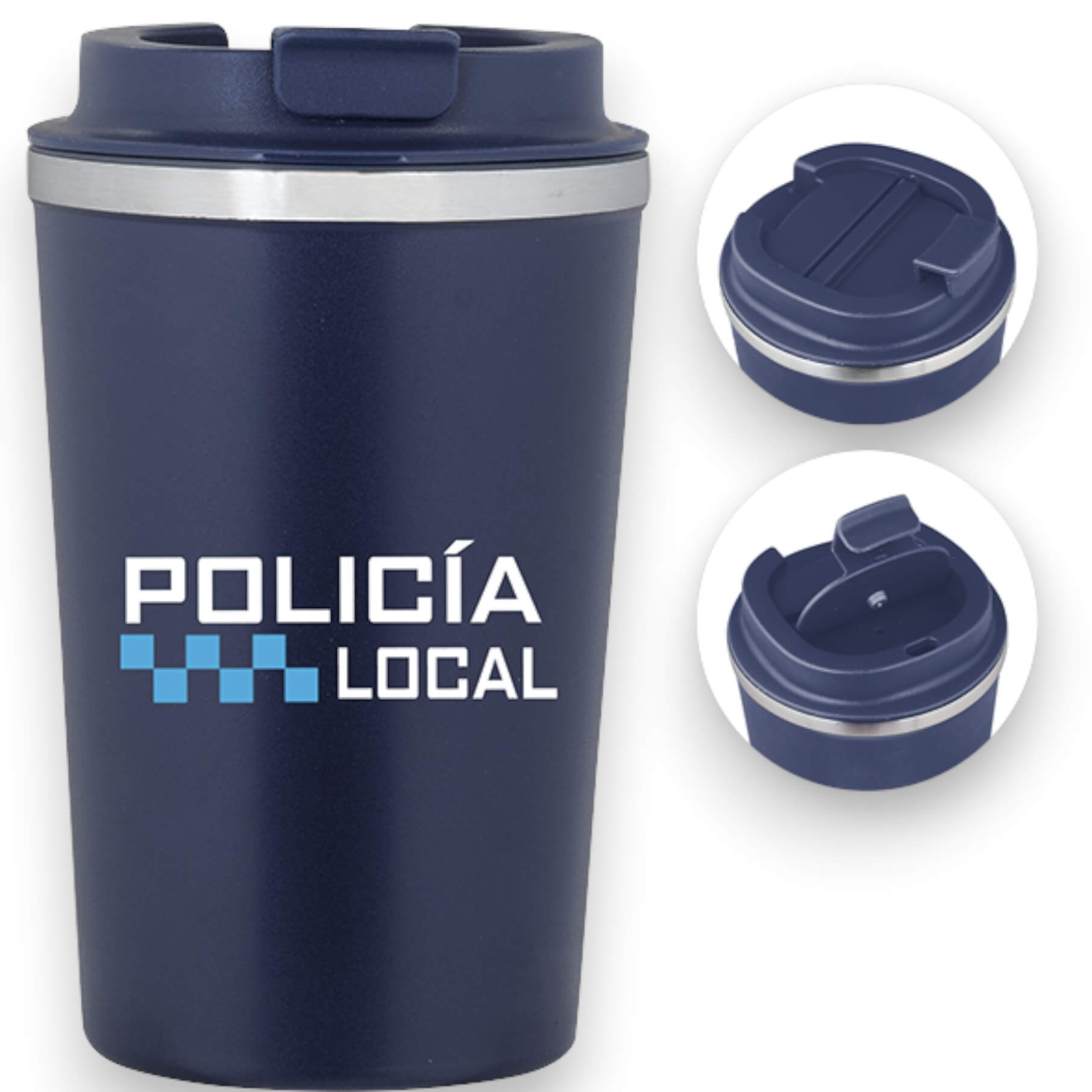 Caneca térmica em aço azul marinho com estampa da Polícia Local e...