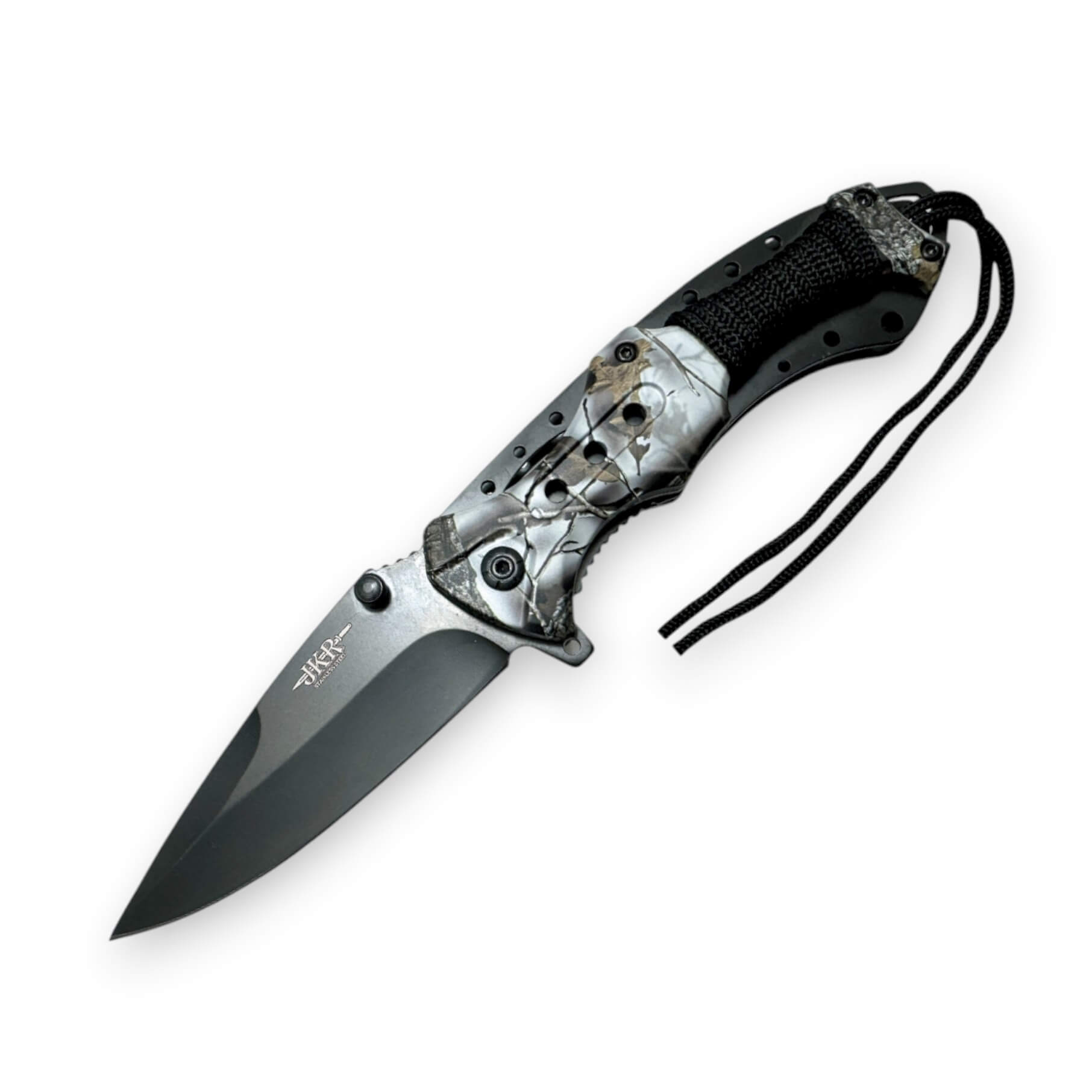 Navaja táctica camuflaje nieve con hoja drop point de 9 cm
