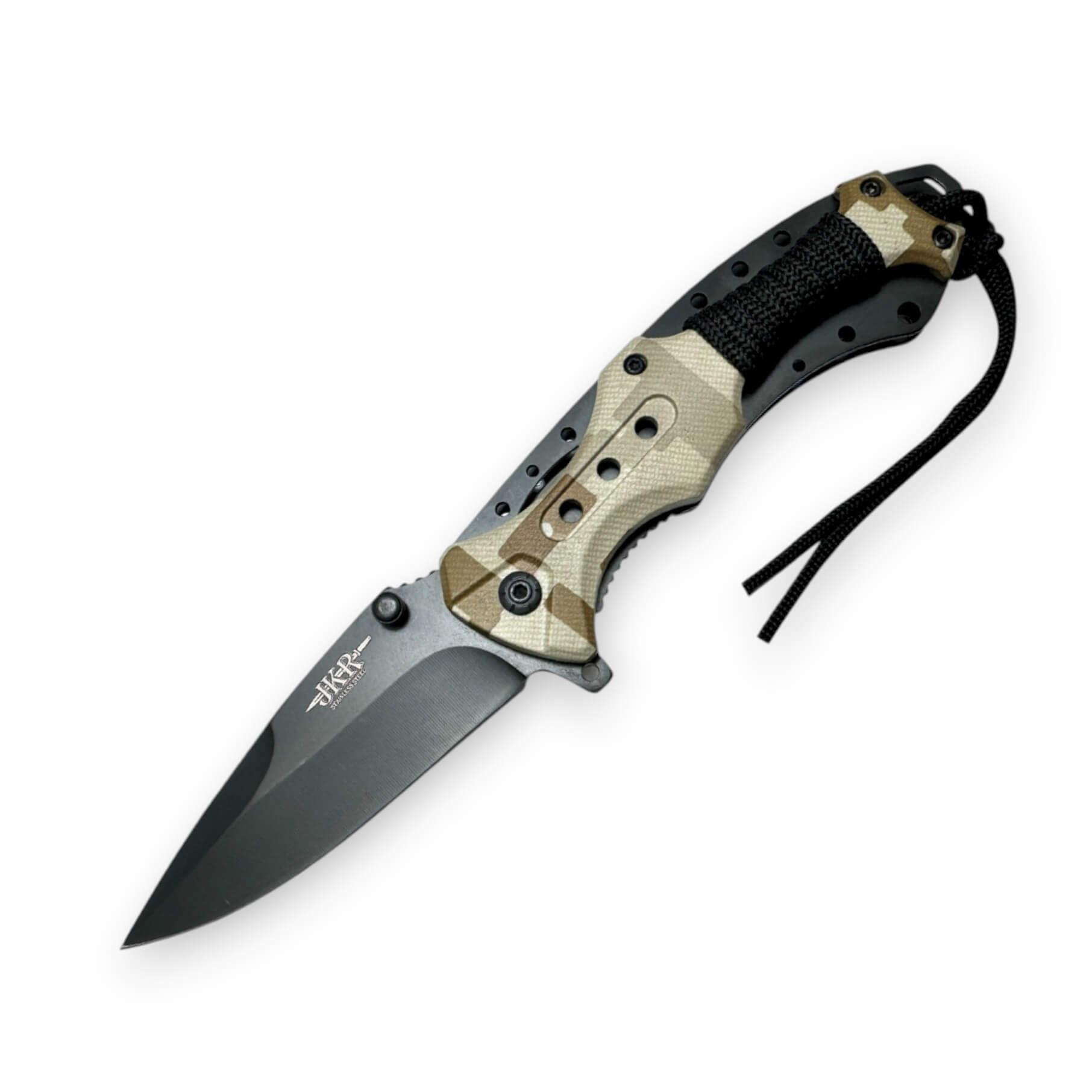 Navaja táctica camuflaje desierto con hoja drop point de 9 cm