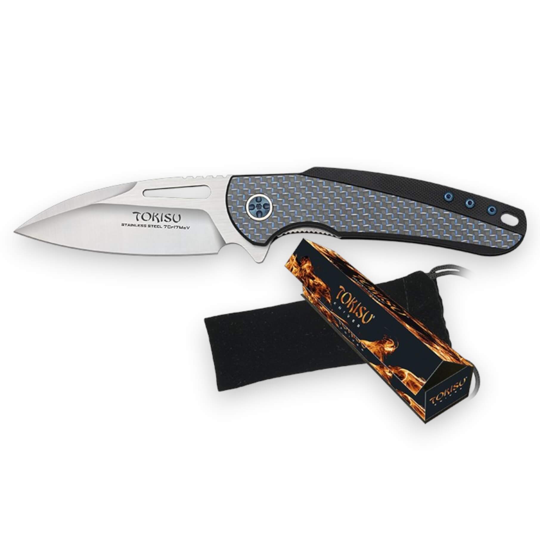 Navaja táctica Tokisu con mango de G10 y fibra de carbono azul y hoja ancha de 8.8 cm
