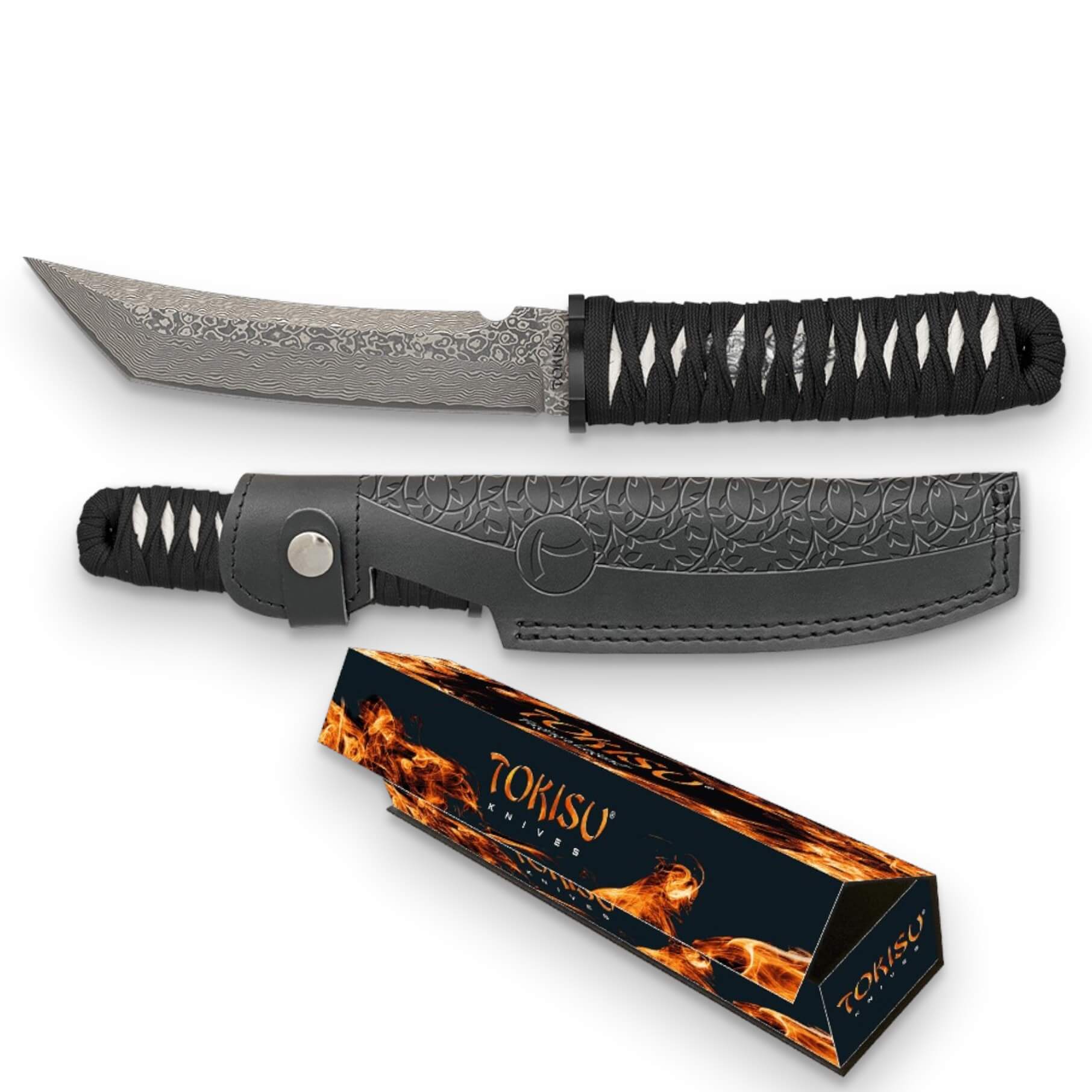 Cuchillo estilo japonés Tokisu con hoja damasco 67 capas de 15.3 cm y mango encordado negro