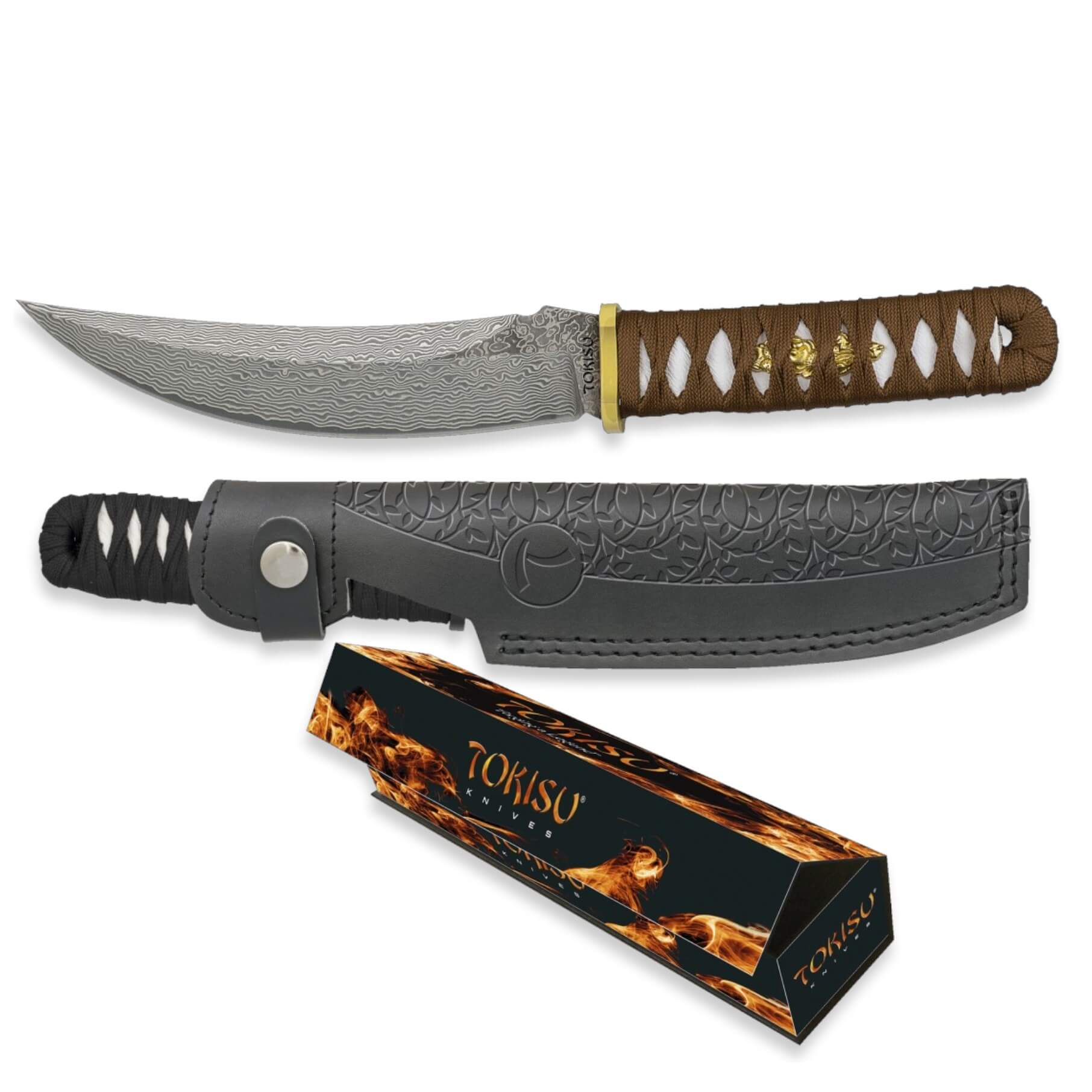 Cuchillo estilo japonés Tokisu con hoja damasco 67 capas de 17.2 cm y mango encordado marrón
