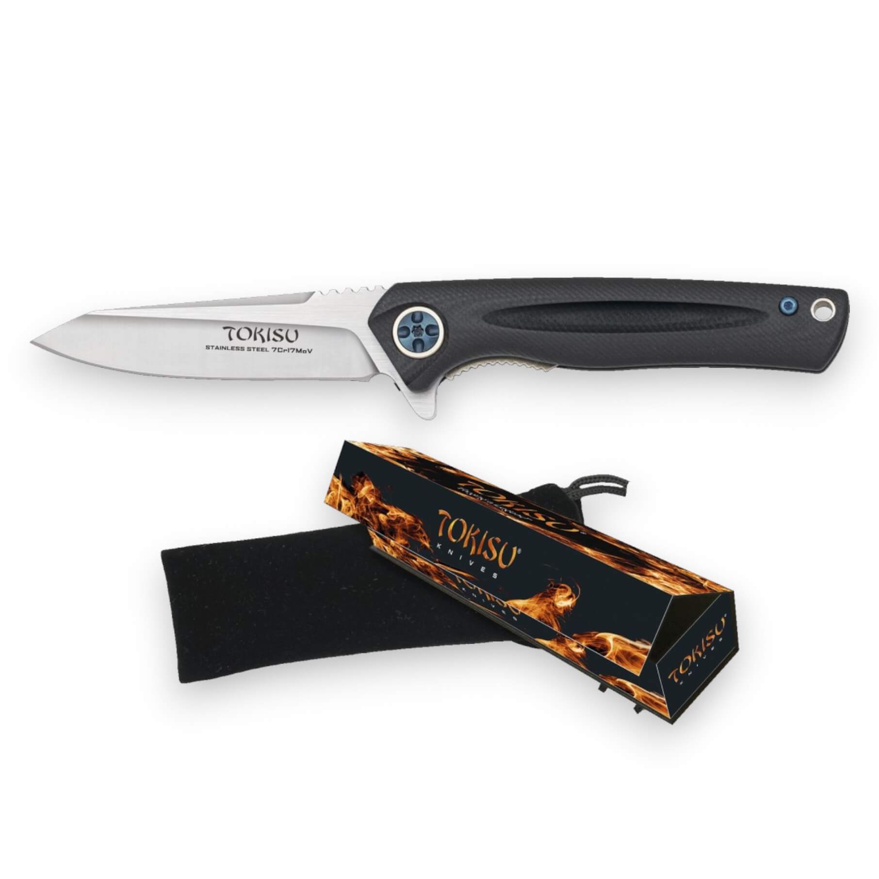 Navaja Tokisu con hoja de 7.2 cm de acero inox y mango de G10 negro con detalles azules