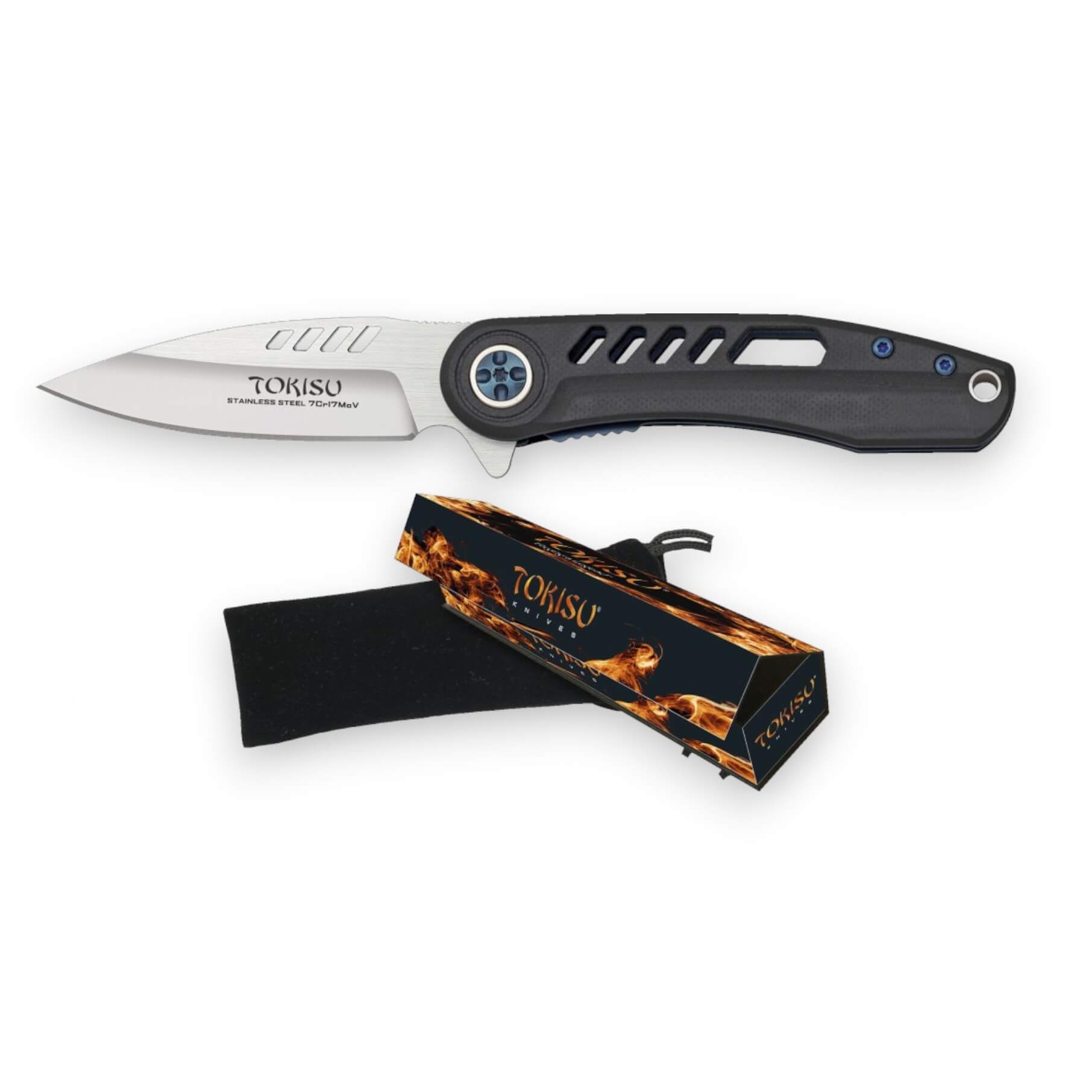 Navaja Tokisu con hoja de 7.3 cm de acero inox y mango de G10 negro perforado con detalles azules
