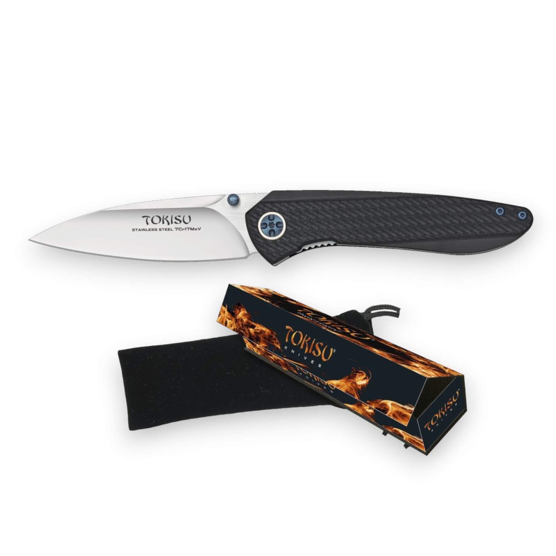 Navaja Tokisu con hoja de 9 cm de acero inox y mango de G10 negro con detalles azules